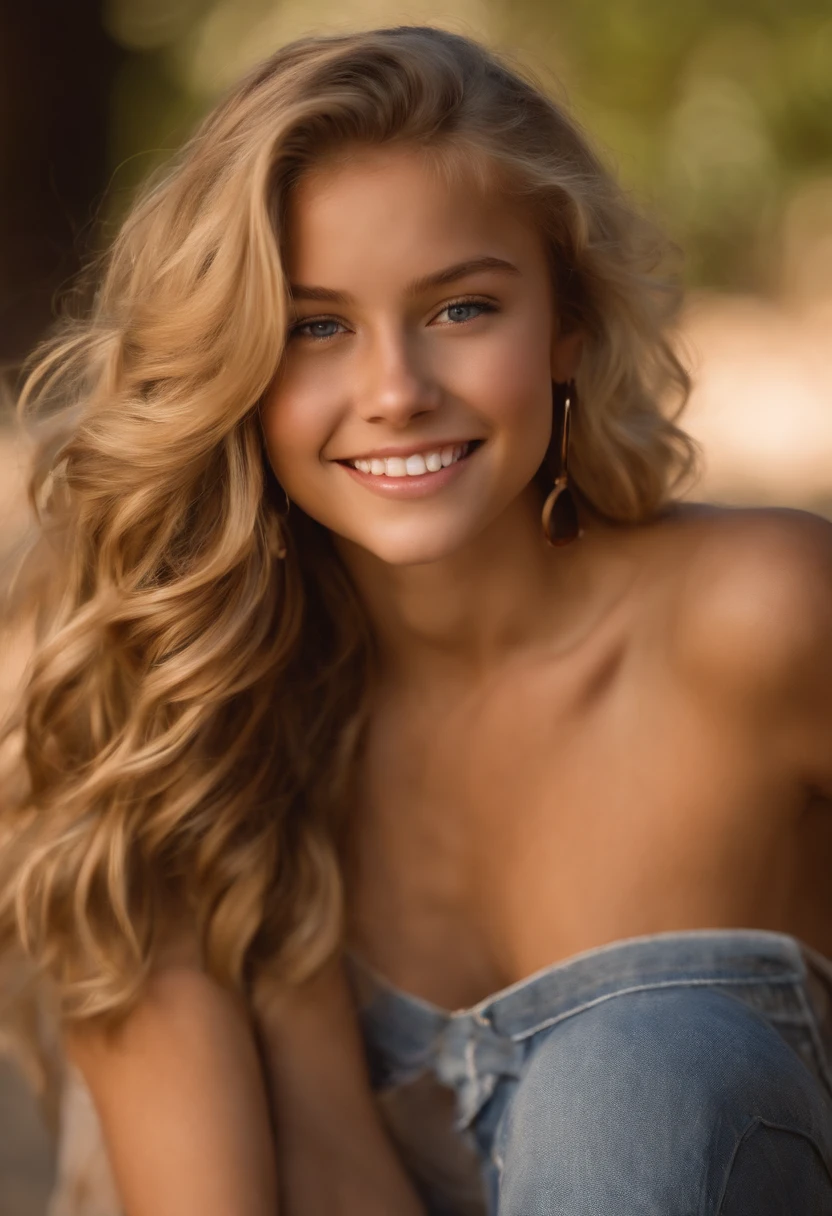 NSFW  girl, dark blonde hair, topless, medium length hair, wavy hair, medium breasts, tan skin, earrings, jean shorts, looking at viewer, blushing, playing with her hair, smiling, soft lighting, high quality, beautiful