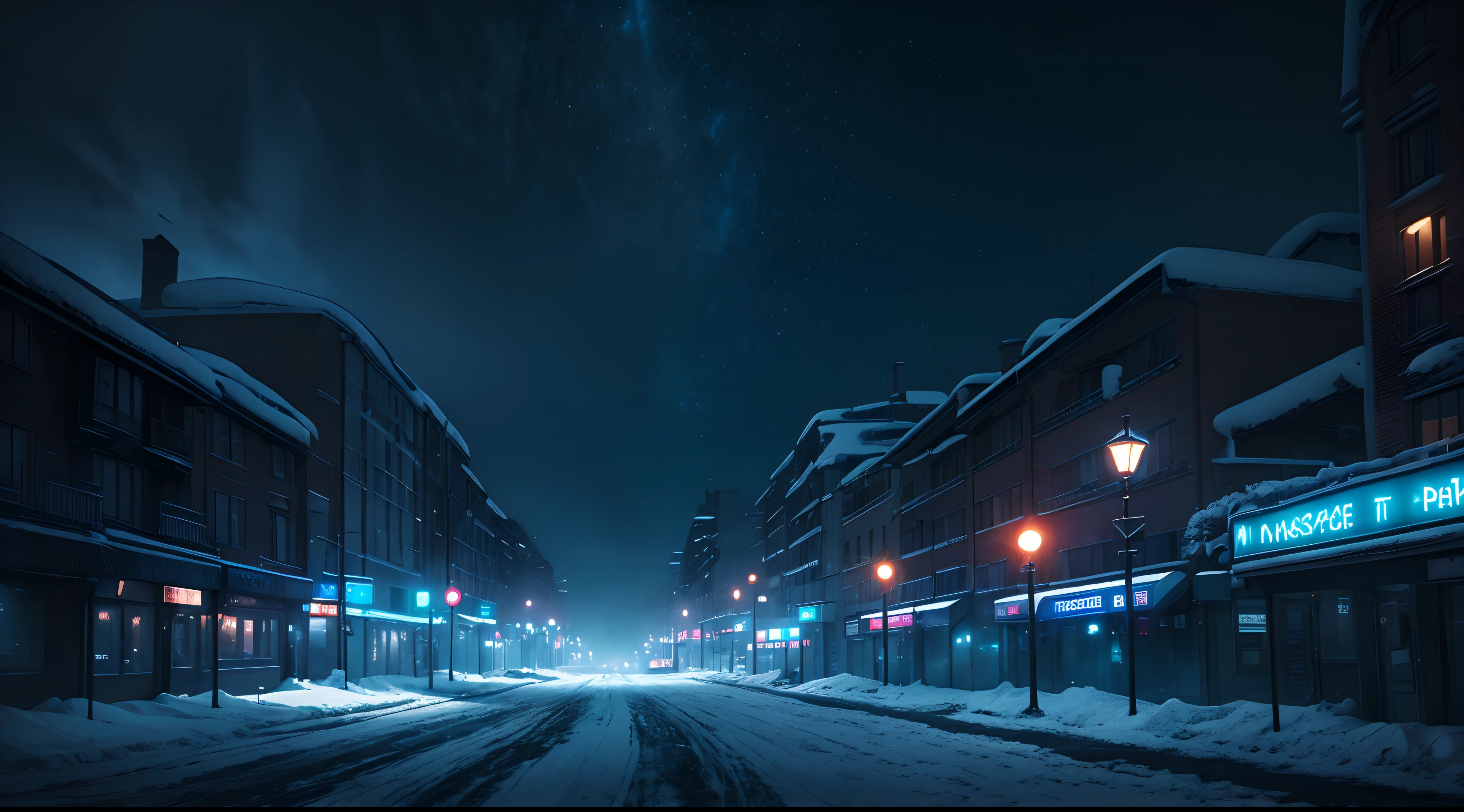 Make A dreamscape style Art Work wallpaper (("masterpiece")) Atmospheric Snow, cinematic Moody Blue, dark moody, moody LUT, City Landscape, Dark Blue Atmosphere, blue teal, Neon Sign, rim light, Beautifull, hyper detailed, Add: snowfall, Snowfall Atmosphere,