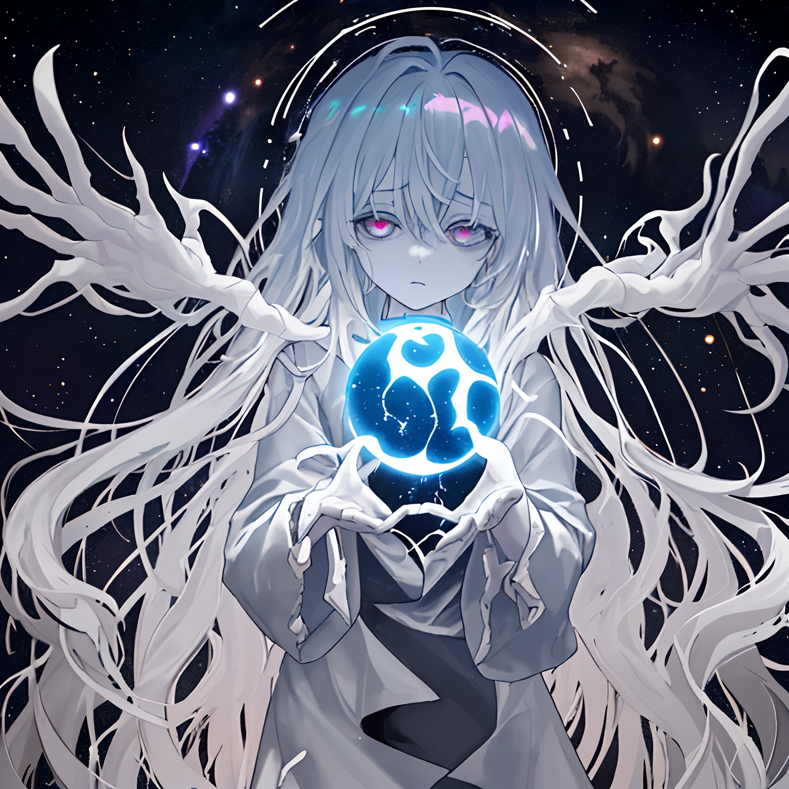 Anime girl with white hair holding a glowing orb in her hands - SeaArt AI