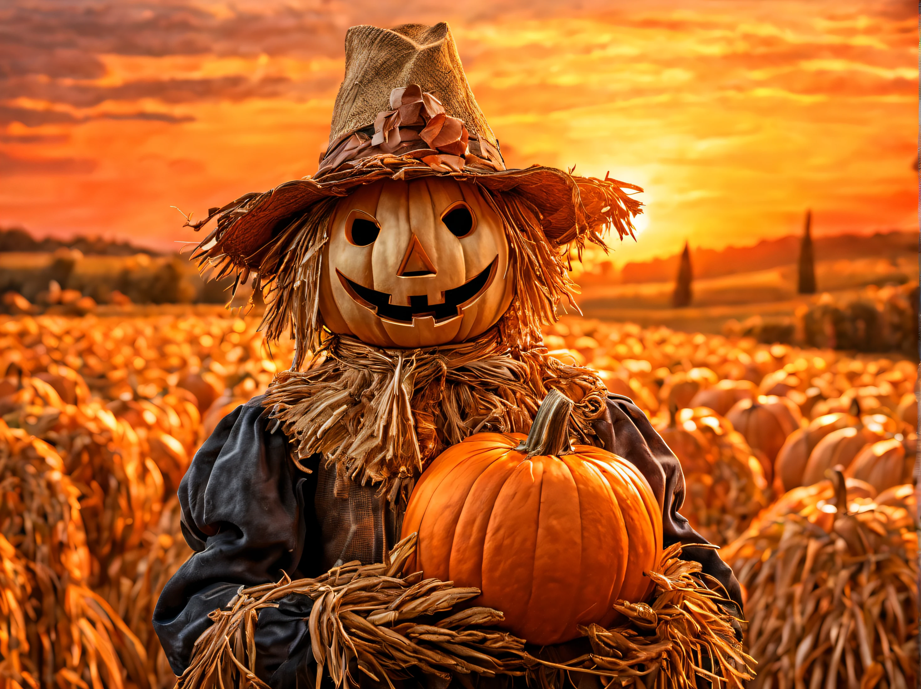A richly detailed, photorealistic depiction of a scarecrow with a carved pumpkin head, set against a vivid sunset. Capture the textures of the straw and pumpkin in exquisite detail, drawing inspiration from rural Realist painters. Final image should be an 8K resolution, with warm colors and crisp contrasts, perfect for a stunning autumn-themed wallpaper.