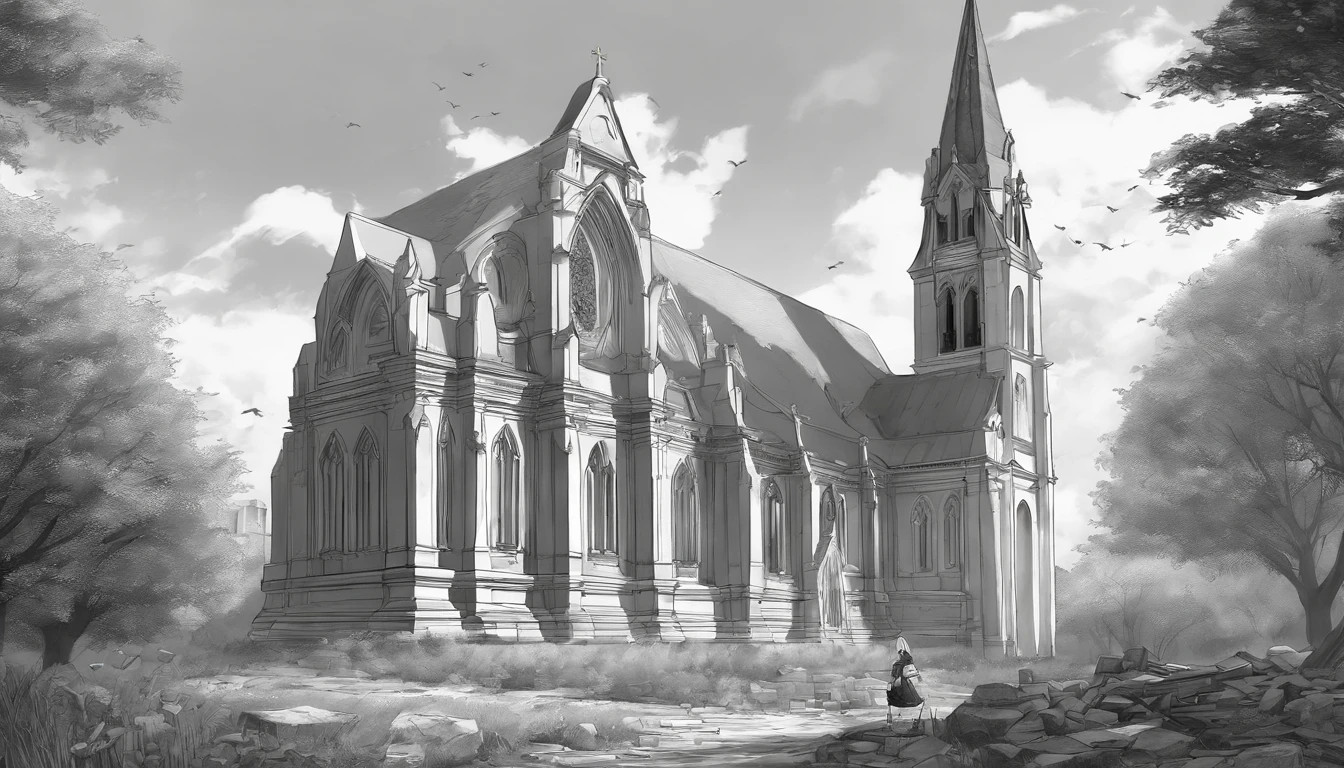 anime, japanese, pencil drawing, detailed roughly sketched, loose lines, brushed lines, outline drawing, beautiful thin lines, intriguin correct anathomy, academic drawing, elaborate, perfect composition, two-point perspective, 1 anime girl sitting on a rubble, holding a flower bouquet, inside church, ruined church, sketch, black and white, interesting, amazing, high res, detailed, professional lighting, no other humans, detailed inside, fantasy themed church, broken church, rubbles, no color, black and white, grayscale, two point perspective only,