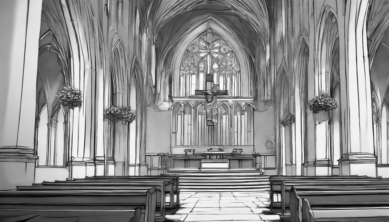 anime, japanese, pencil drawing, detailed roughly sketched, loose lines, brushed lines, outline drawing, beautiful thin lines, intriguin correct anathomy, academic drawing, elaborate, perfect composition, two-point perspective, 1 anime girl sitting on a rubble, holding a flower bouquet, inside church, ruined church, sketch, black and white, interesting, amazing, high res, detailed, professional lighting, no other humans, detailed inside, fantasy themed church, broken church, rubbles, no color, black and white, grayscale, two point perspective only,