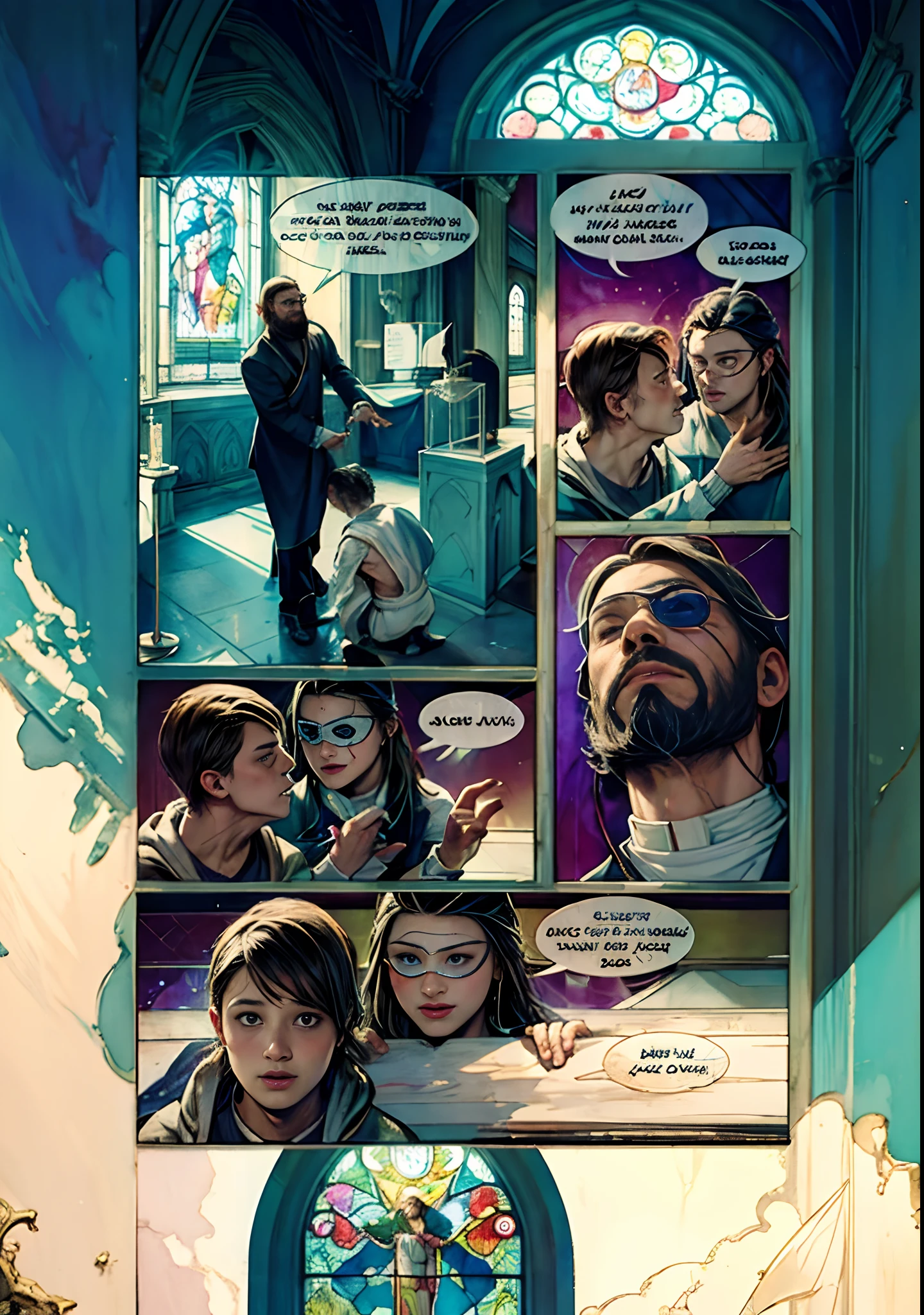 Page colored with a palette of watercolors, pastel tones, shows us the characters inside a church, The first panel shows a stained glass window in the background, The priest has a beard and an eye patch, the priest blesses a person, the teenagers talk, best image quality, masterpiece, comic, unsaturated colors