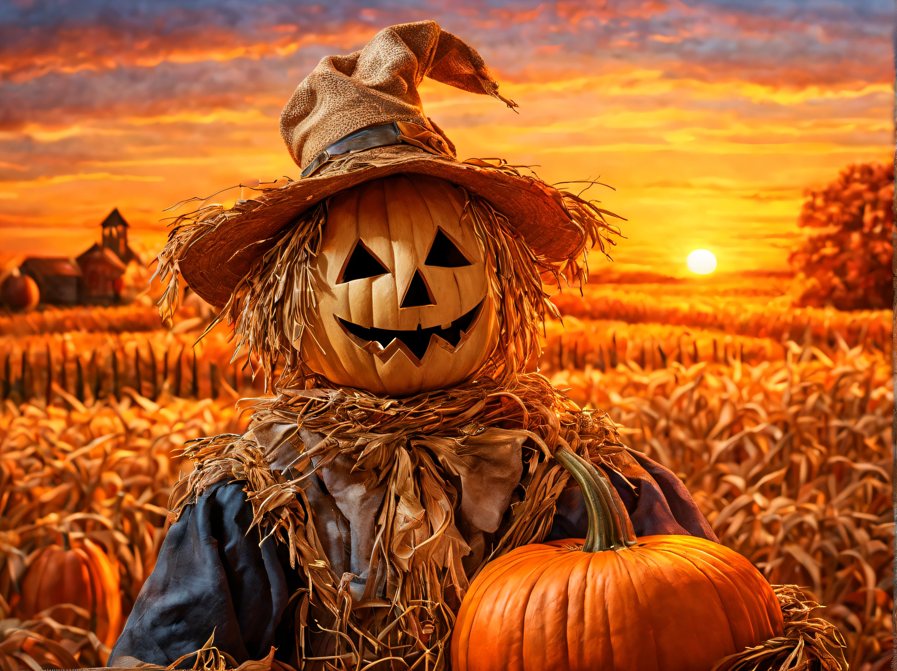 A richly detailed, photorealistic depiction of a scarecrow with a carved pumpkin head, set against a vivid sunset. Capture the textures of the straw and pumpkin in exquisite detail, drawing inspiration from rural Realist painters. Final image should be an 8K resolution, with warm colors and crisp contrasts, perfect for a stunning autumn-themed wallpaper.