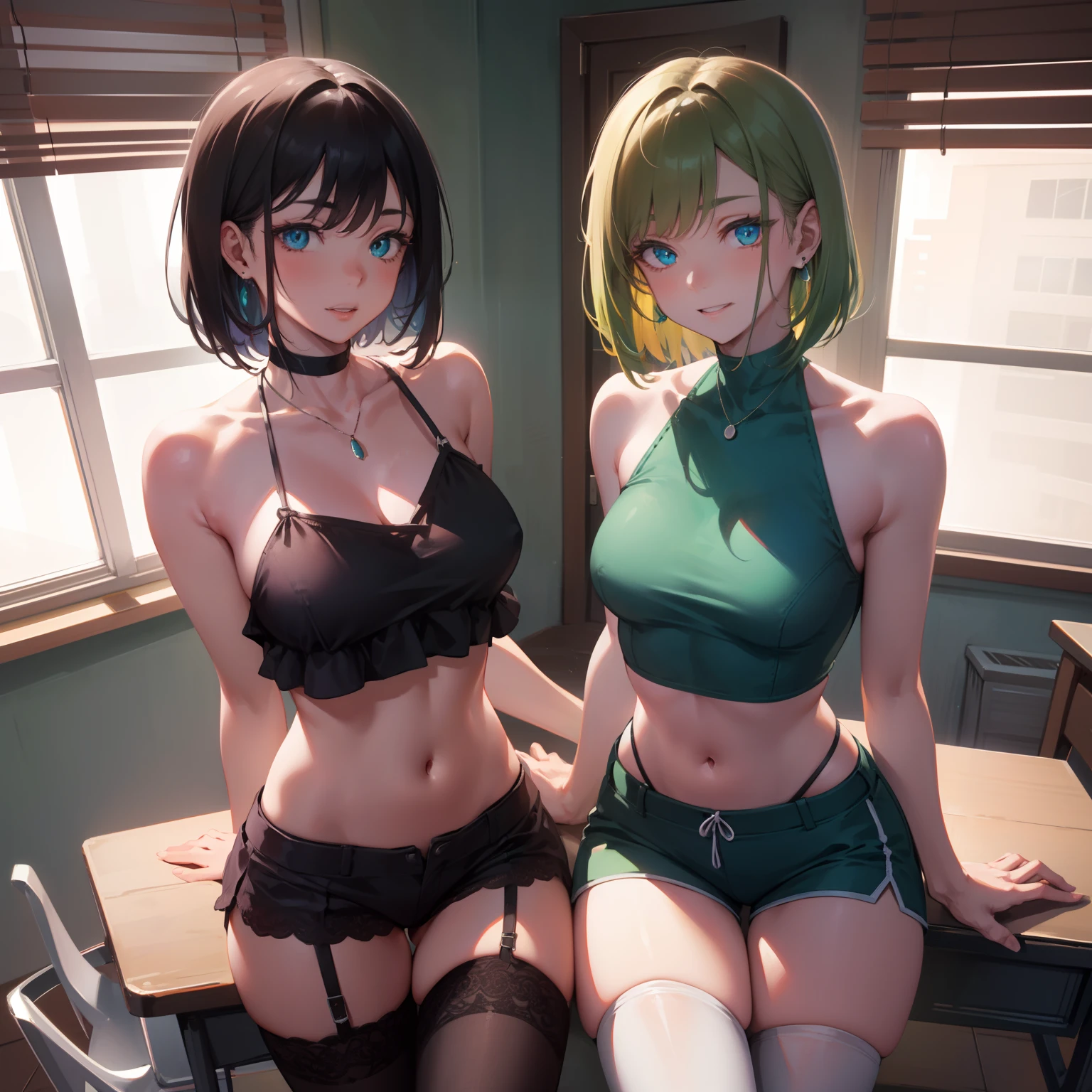 marinkitagawa, marin kitagawa, Pair it with a crop top with a dark green crop top,crisp breasts, green shorts, Black thigh stockings,Gray-green eyes, Hair is light green,Tomboyish, Masculine, Self-confident, Sly toothy smile,Dismissive, Arrogant, Neatly short hair, choker necklace, Ear piercing, Earrings, Straight hair, sweeping bangs,looking down on the camera,arms folded,Alpha,The temperament of the dominant
Green tie
indoors, Classroom,
BREAK looking at viewer, Break (Masterpiece:1.2), Best quality, high resolution, Unity 8k wallpaper, (illustration:0.8), (Beautiful detailed eyes:1.6), Extremely detailed face, Perfect lighting, Extremely detailed CG, (Perfect hands, Perfect anatomy),