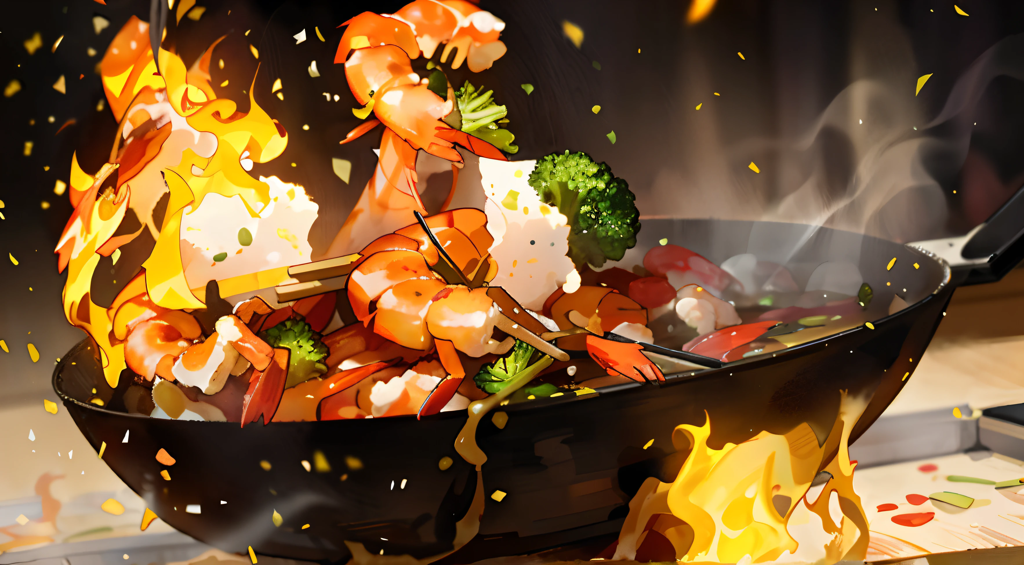 Flames emerge from a wok of shrimp and broccoli, food commercial 4 k, wok, professional food photography, professional food photo, cooking it up, kitchens, gourmet cooking, steaming food on the stove, close up food photography, very tasty, closeup at the food, high quality food photography, food photography gourmet, culinary art photography, warm and joyful atmosphere。More flames，Flamethrowing，wok，depth of fields