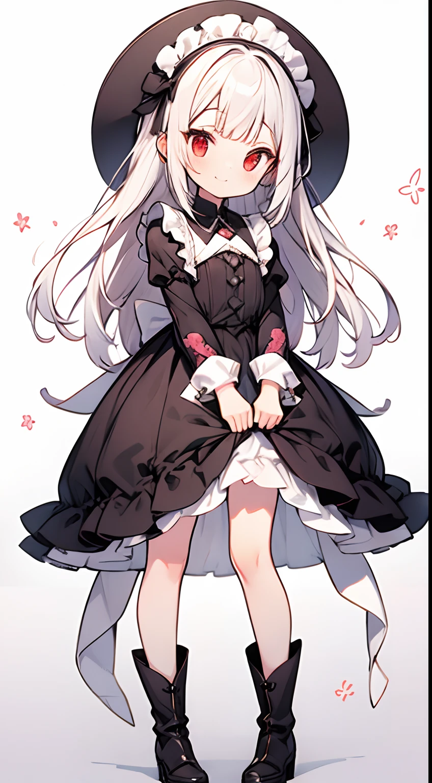 masutepiece, Best Quality, Ultra-detailed, kawaii, Cute, lovely, Extremely detailed, 4K, 8K, Best Quality, Beautiful, Anime style,Full body up, A -yeld gi Lori, Solo, Maids,Lolita,magical little giutiful white hair,Beautiful red eyes, Beautiful eyes,Yumekawa,White-skinned,Fluffy long hair, slim, slender, Smile