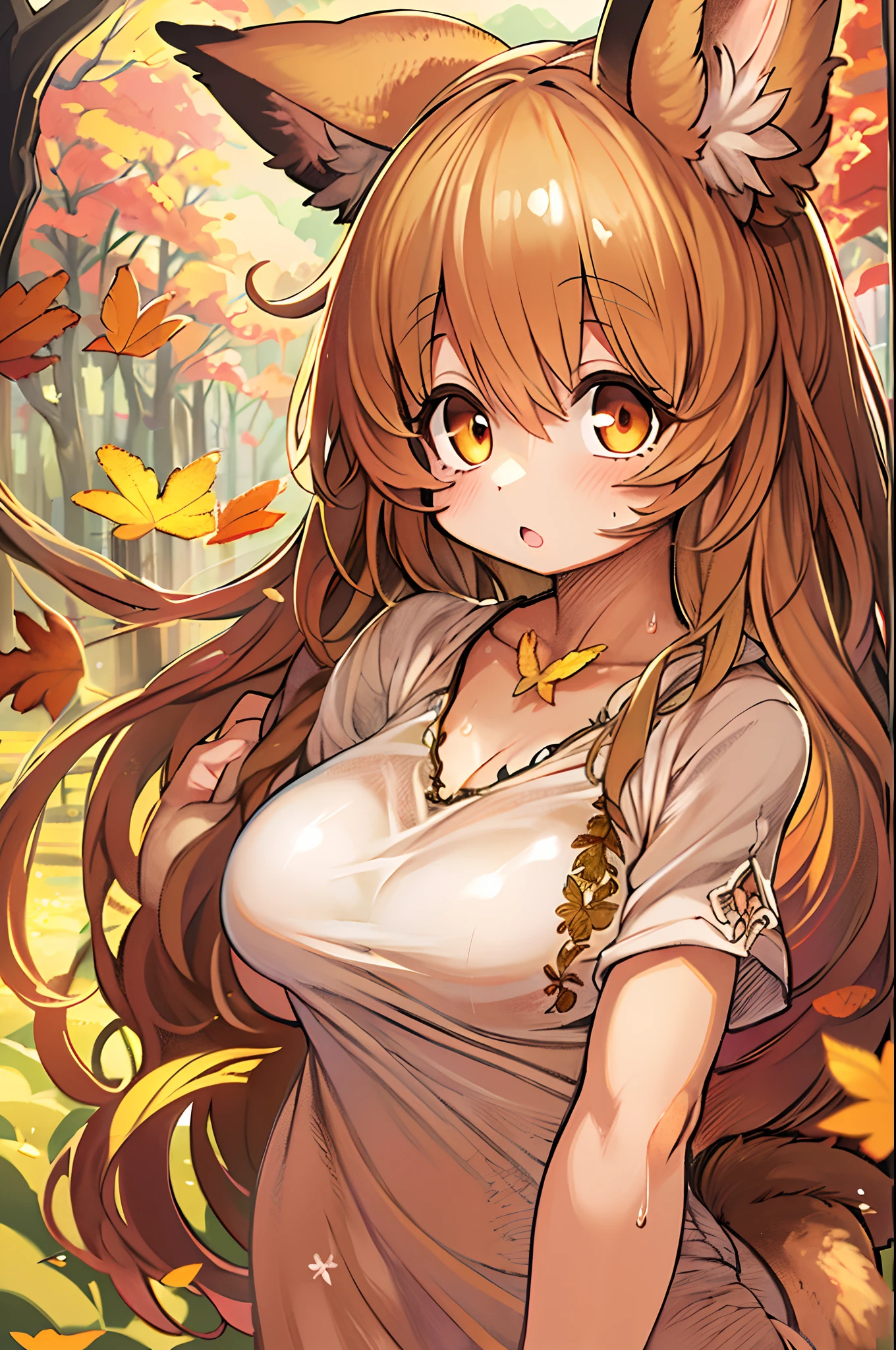 of the highest quality, 1girl in, (Skin Hollow), (large full breasts), (day), Bright, Background blur, Outdoors, (Street:0.6), (hair:1.5), (Blouse:1.5), Gorgeous, (Hair float:1.5), Soft light, Wind, garden, Street,Fox, (Monster Girl), long brown ears with a dark brown inside,,,, brown fur, Sunburned neck fluff, brown fluffy tail with a yellow-brown tip,,,, Big brown eyes, wearing modest clothing, masutepiece, Best Quality、Nanachi、Chibi、huge-breasted、bbw、Ultramammy、autumn day、Maples、a lot of fallen leaves、Burning fire、Baked sweet potatoes