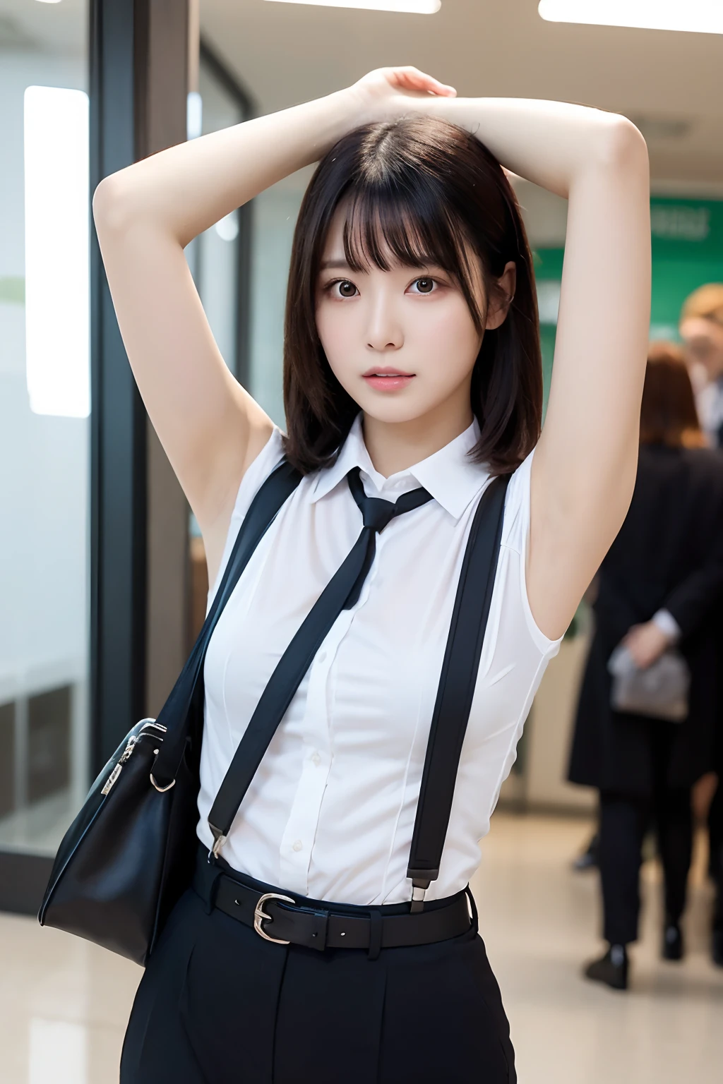 (masutepiece:1.2),High quality,vivd colour,flat-colors,Deep Depth Of Field,Lens Flare,1 girl,Black hair,eyecontact,Suit,Collared shirt,Belt bag,suspenders,Professional,Office Lady,Mature Women,Black Suit,Black jacket,Gaze,ample bosom,Armpit sweat,Exposing the armpits"