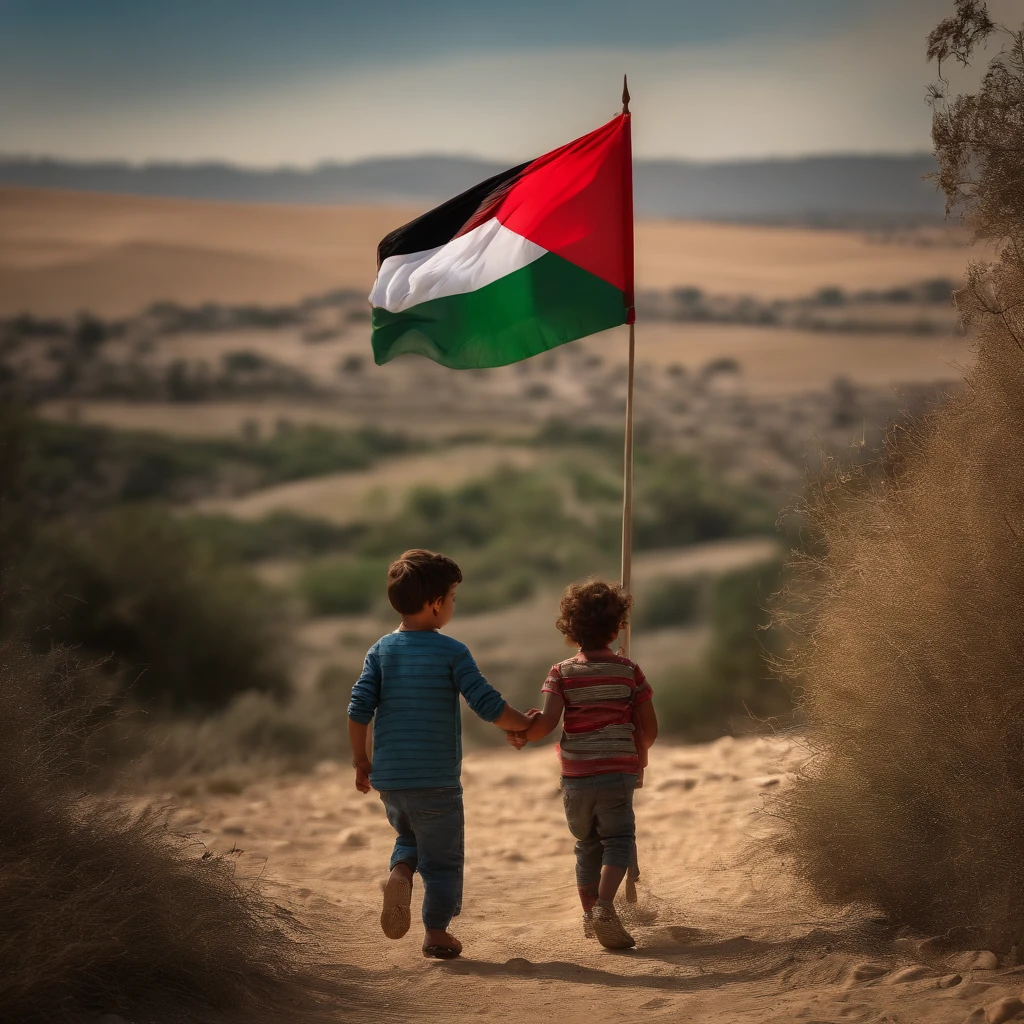 Enfants, avec drapeau palestinien, en larmes , Sombre, espoir, (Masterpiece:1.1) (Best quality) (Detailed) (complexe) (8k) (Hdr) (lighting cinematic) (mise au point nette:1.1)