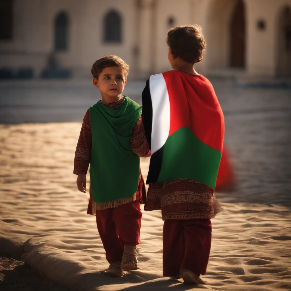 Enfants, avec drapeau palestinien, en larmes , Sombre, espoir, (Masterpiece:1.1) (Best quality) (Detailed) (complexe) (8k) (Hdr) (lighting cinematic) (mise au point nette:1.1)