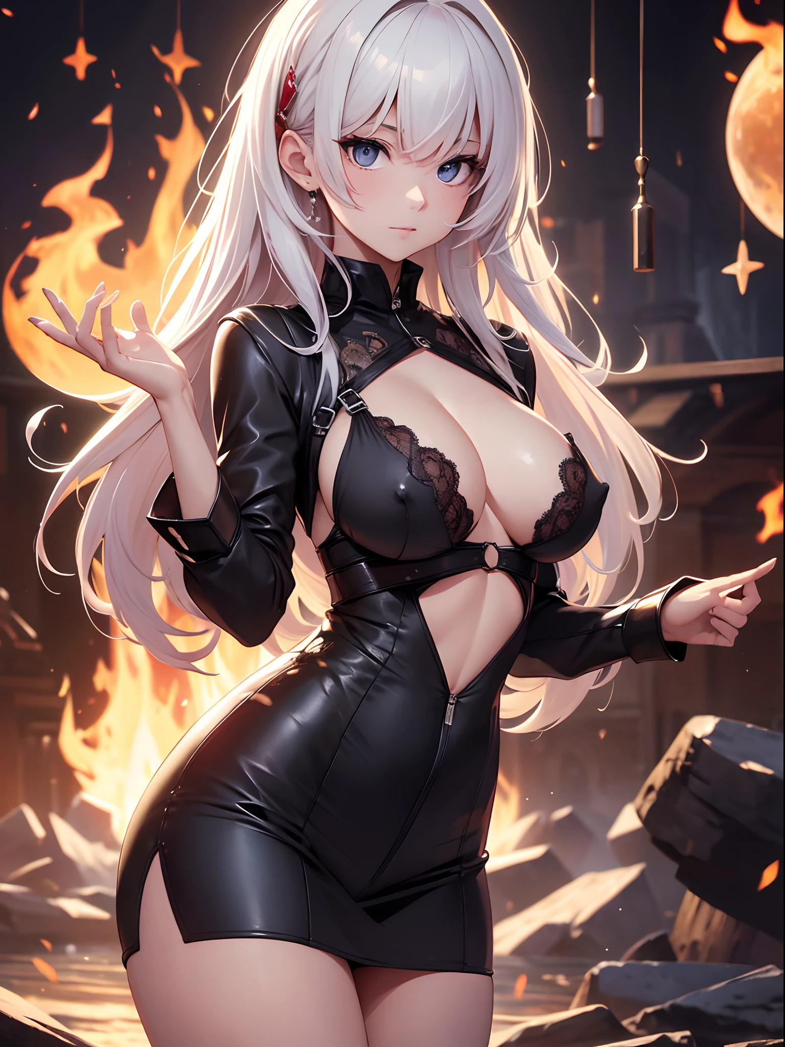 highres, shadows, absurdres, best_quality, ultra_detailed, 8k, extremely_clear, photograph, beautiful, beautiful face, sharp focus, hdr, 1girl, clean eyes, wide-eyed, background (magic academya) or planets,, flames, , beautiful face, small puffy breasts (puffy nipple), firm breast, very red areola, standing , seductive pose,no bra