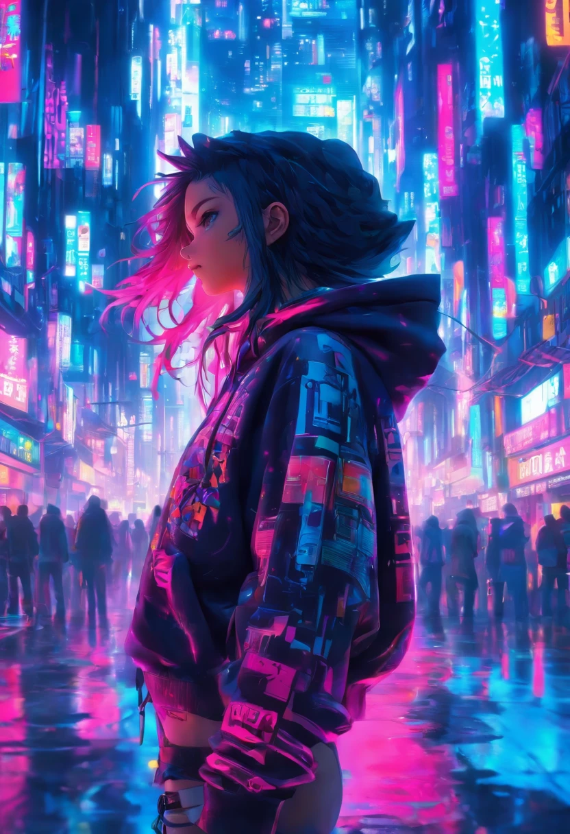 A girl, detailed face, detailed environment, day, standing , Future street, in hoody,vibrant colors ,cyberpunk,niji journey, anime,niji, 3d, color magic ,niji ,high detailed, Awesome art, trending on insta, Trending, made by professional