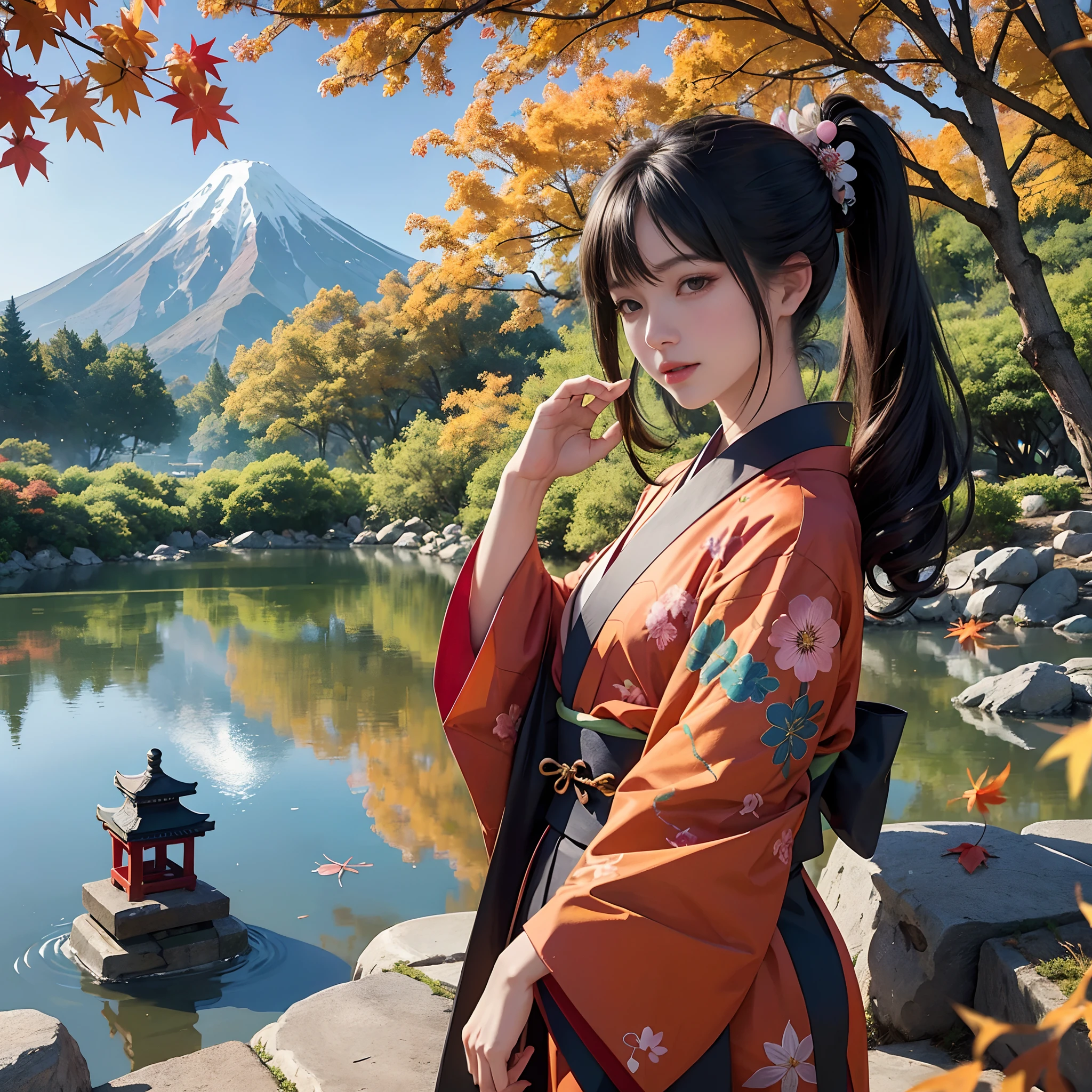 Background of details(Japanese garden(I can see the mountains(Colored leaves))),BREAK,elaborate costume{Luxury kimono(Colorful kimono(detailed embroidery,))},BREAK,1womanl(Japanese actressl:1.2)(face perfect(Shy):1.2),Depicting a beautiful and classy adult woman,glossy dark hair(poneyTail:1.2),Heart in the eye, Wallpapers 16K,Blur the background with a sickle,((masutepiece)), ((Best Quality)),{{a portrait photo of}},full body Esbian