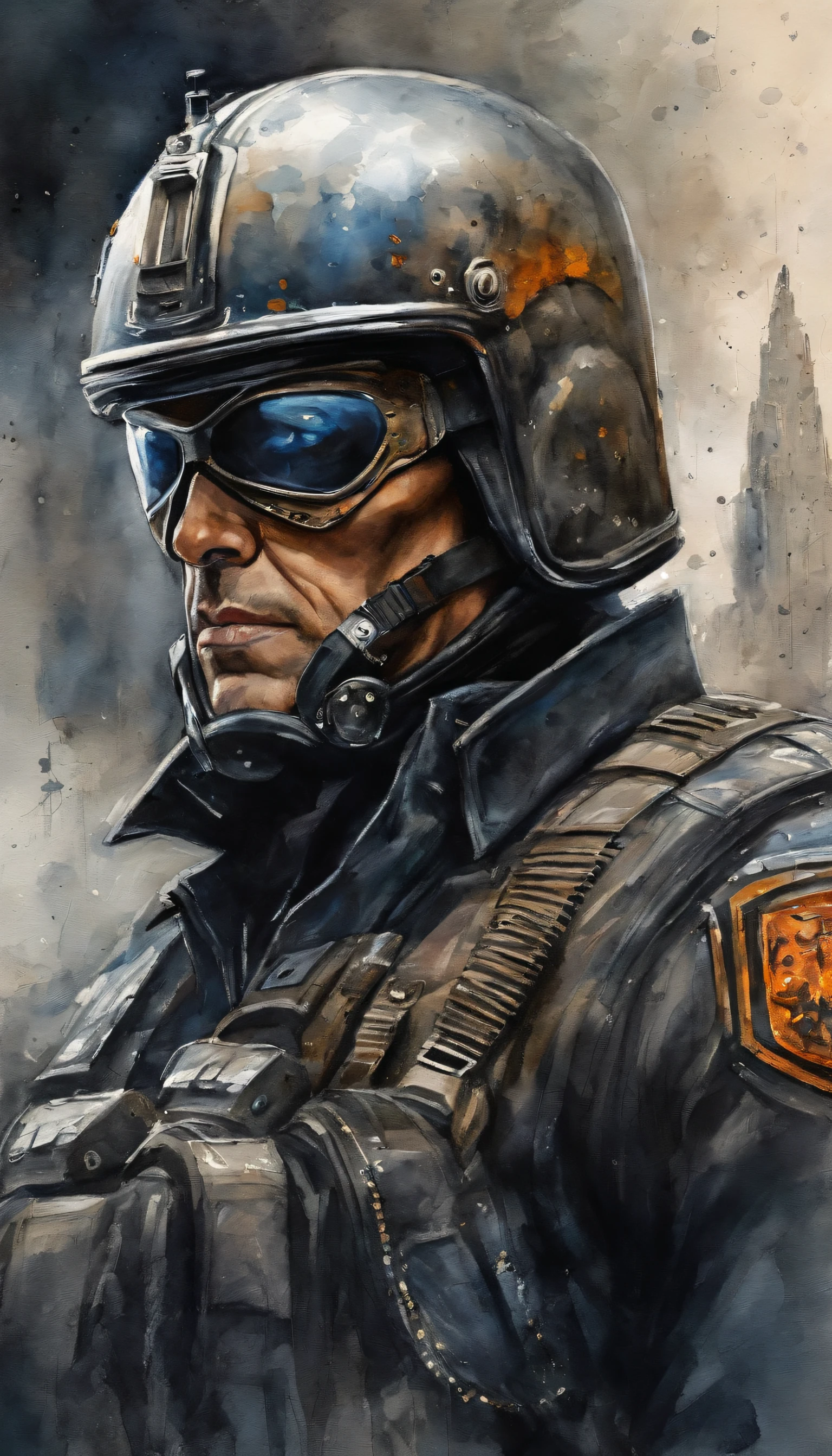 {{{Close up}}}, {Best quality}, {{Masterpiece}}, {A high resolution}, Original, Extremely detailed 8k wallpaper, A man wearing a police motorbike helmet, Terminator 2, Judgement day, science fiction writer style, adventure, mega city, grasping power