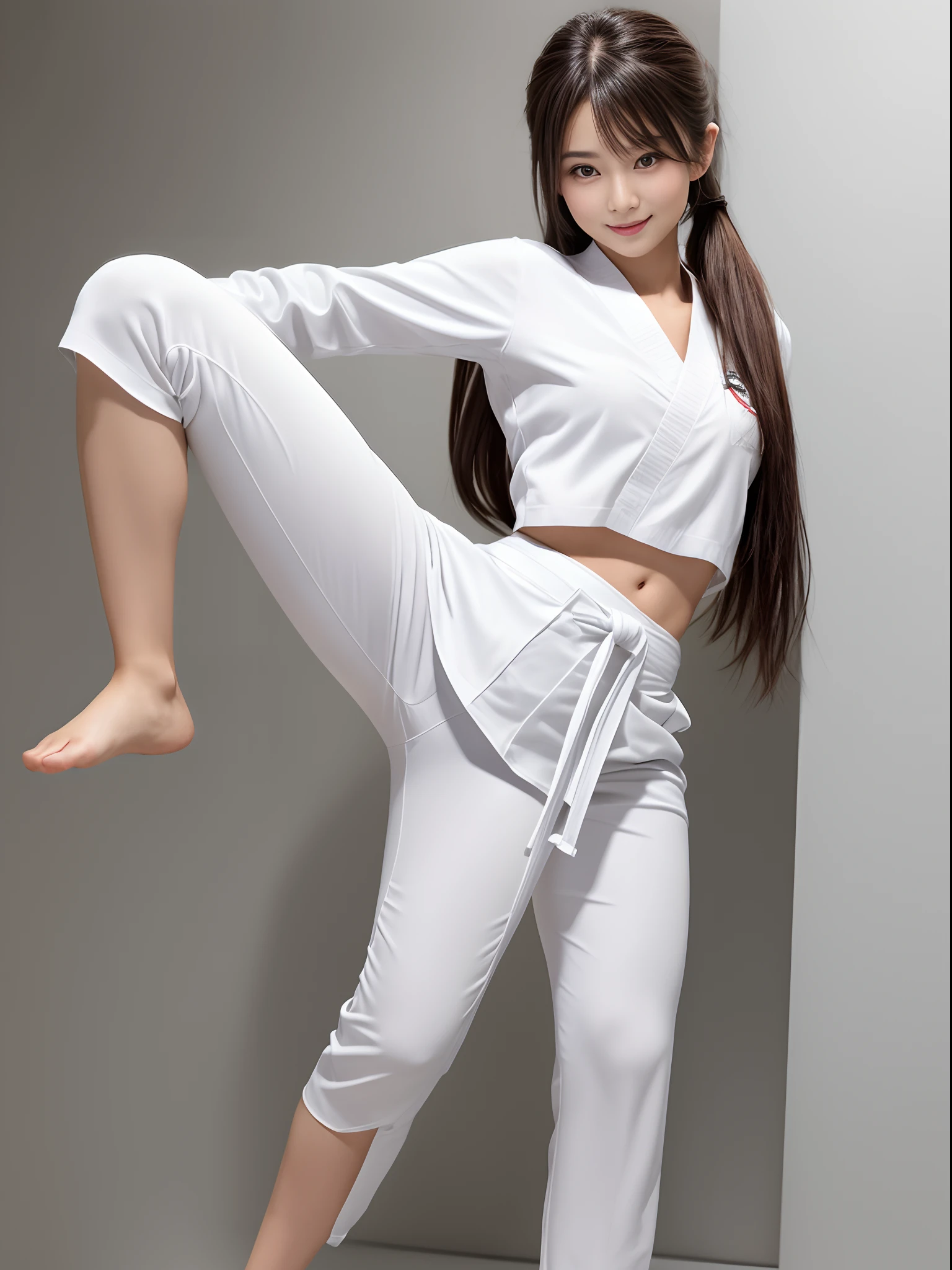 (Photorealsitic)(), Perfectly beautiful woman, (Full body 8K portrait), Large and dynamic hand and foot movements, White Karate Uniform, White karate pants, Large bust,Stand alone, Large and dynamic hand and foot movements, Make a high side kick, Correct skeleton, Perfect facial detail, (Smile: 1.15), attractive beautiful face, gazing at viewer, a small face, 二重まぶた, Beautiful detailed eyes, long eyeslashes, ligh brown hair, poneyTail, Toned waist, Beautiful thin legs, toned ankles, bare-legged ,TOKYOcty