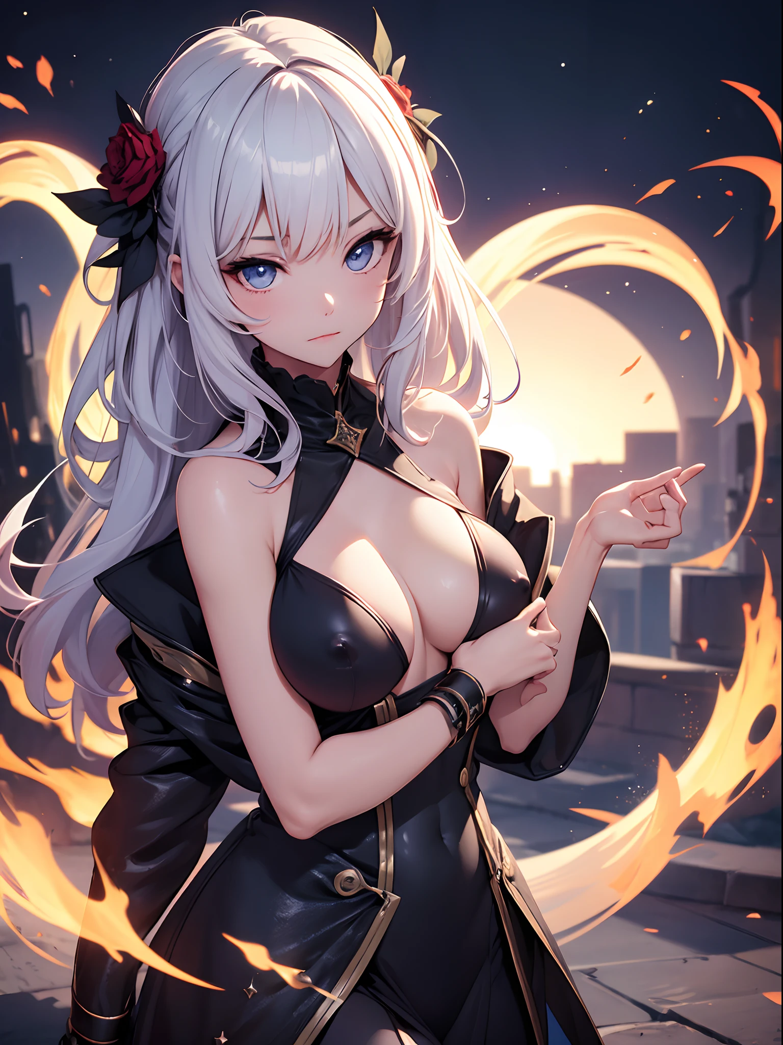 highres, shadows, absurdres, best_quality, ultra_detailed, 8k, extremely_clear, photograph, beautiful, beautiful face, sharp focus, hdr, 1girl, clean eyes, wide-eyed, background (magic academya) or planets,, flames, , beautiful face, small puffy breasts (puffy nipple), firm breast, very red areola, standing , seductive pose,no bra