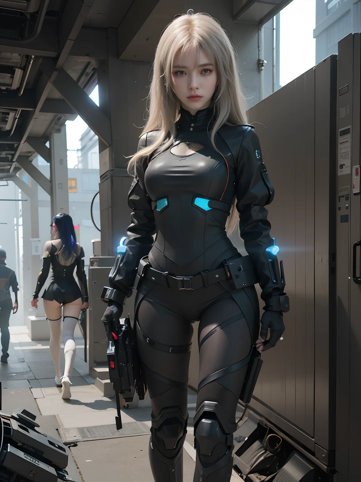 (cyber punk perssonage:1.4), (Photorealistic:1.4), (Best quality:1.0), (超高分辨率:1.0), 8K, RAW photo, (Masterpiece:0.2), Ultra-detailed, 1girll, Pale skin, Detailed skin, facing to audience,Beautiful eyes,pistol,
