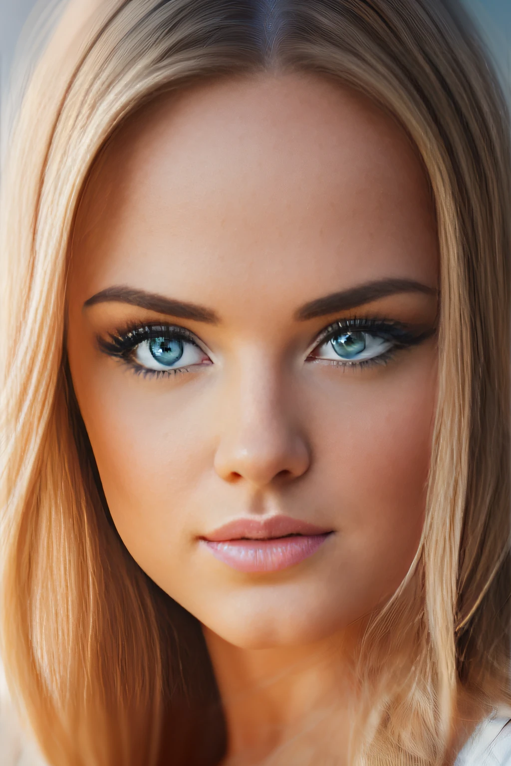 Beautiful blonde woman with sexy appearance and big blue eyes, Cute natural makeup, Realistic, Concept art, elegant, Highly detailed, Complex, sharp-focus, Depth of field, f/1. 8, 85 mm, Mid, Mid, (professional colour grading)), Clear Focus, Bright soft diffused light, (volumetric fog), Popular on Instagram, HDR 4K, 8K, fat