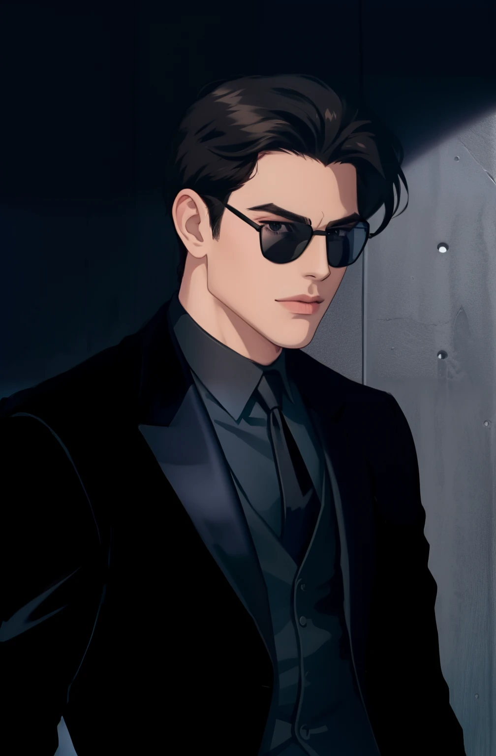 Man in black suit and black sunglasses, cabelo curto