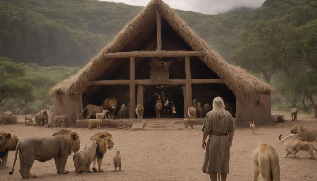 "Create a realistic scene of Noah standing next to the Ark as it's being prepared for the animals to board. The weather is overcast, with rain clouds gathering in the distance. Noah is holding a wooden staff and looking up at the sky, a sense of determination and faith in his eyes. The Ark is massive, made of wood, and shows signs of being constructed by hand. It's surrounded by various animals, from lions to birds, peacefully waiting their turn to enter the Ark. The scene exudes a sense of impending rain and the responsibility of saving Earth's creatures."