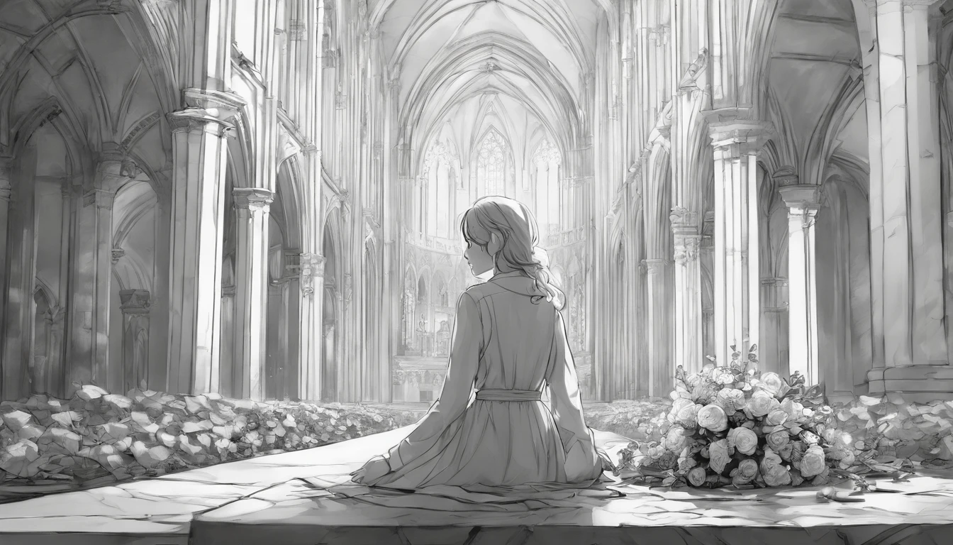 anime, japanese, pencil drawing, detailed roughly sketched, loose lines, brushed lines, outline drawing, beautiful thin lines, intriguin correct anathomy, academic drawing, elaborate, perfect composition, two-point perspective, 1 anime girl sitting on a rubble, holding a flower bouquet, inside church, ruined church, sketch, black and white, interesting, amazing, high res, detailed, professional lighting, no other humans, detailed inside, fantasy themed church, broken church, rubbles, no color, black and white, grayscale, two point perspective only,