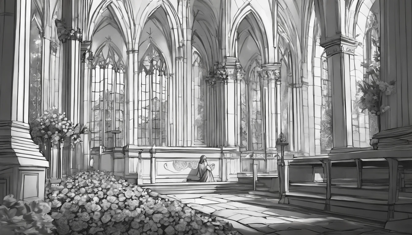 anime, japanese, pencil drawing, detailed roughly sketched, loose lines, brushed lines, outline drawing, beautiful thin lines, intriguin correct anathomy, academic drawing, elaborate, perfect composition, two-point perspective, 1 anime girl sitting on a rubble, holding a flower bouquet, inside church, ruined church, sketch, black and white, interesting, amazing, high res, detailed, professional lighting, no other humans, detailed inside, fantasy themed church, broken church, rubbles, no color, black and white, grayscale, two point perspective only,