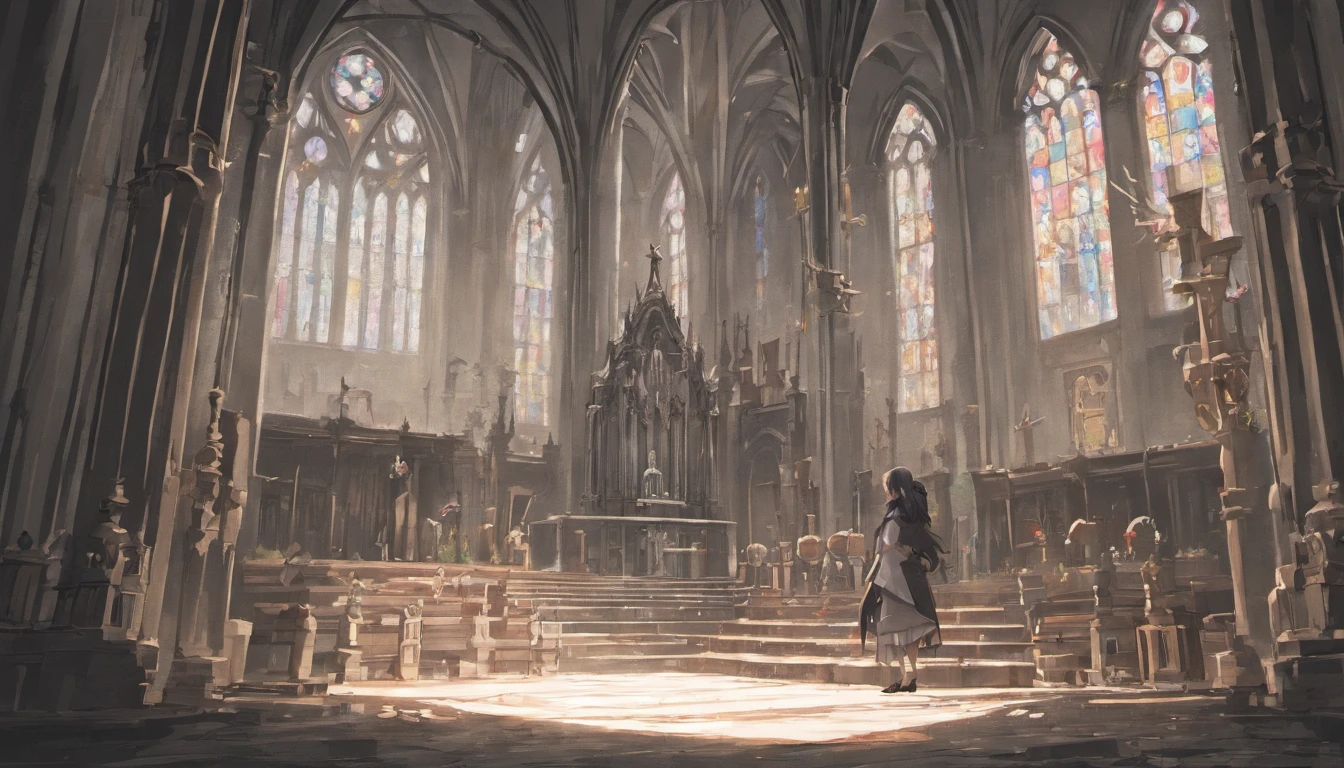 anime, japanese, pencil drawing, detailed roughly sketched, loose lines, brushed lines, outline drawing, beautiful thin lines, intriguin correct anathomy, academic drawing, elaborate, perfect composition, two-point perspective, 1 anime girl sitting on a rubble, holding a flower bouquet, inside church, ruined church, sketch, black and white, interesting, amazing, high res, detailed, professional lighting, no other humans, detailed inside, fantasy themed church, broken church, rubbles, no color, black and white, grayscale, two point perspective only, black and white only and gray for shadows