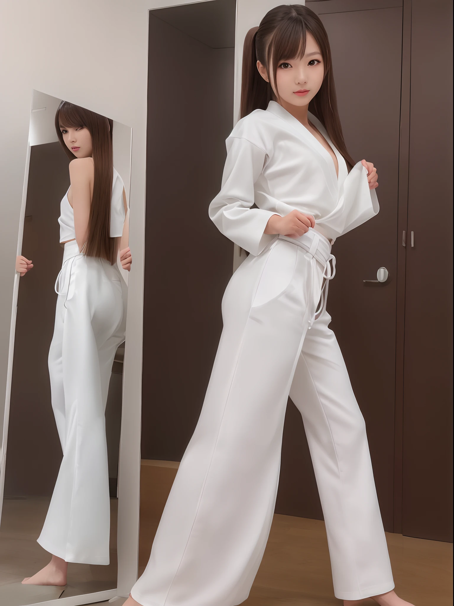 (Photorealsitic)(sixteen years old), Perfectly beautiful woman, (Full body 8K portrait), Large and dynamic hand and foot movements, White Karate Uniform, White karate pants, Large bust,Stand alone, Large and dynamic hand and foot movements, Make a high side kick, Correct skeleton, Perfect facial detail, (Smile: 1.15), attractive beautiful face, gazing at viewer, a small face, 二重まぶた, Beautiful detailed eyes, long eyeslashes, ligh brown hair, poneyTail, Toned waist, Beautiful thin legs, toned ankles, bare-legged ,TOKYOcty