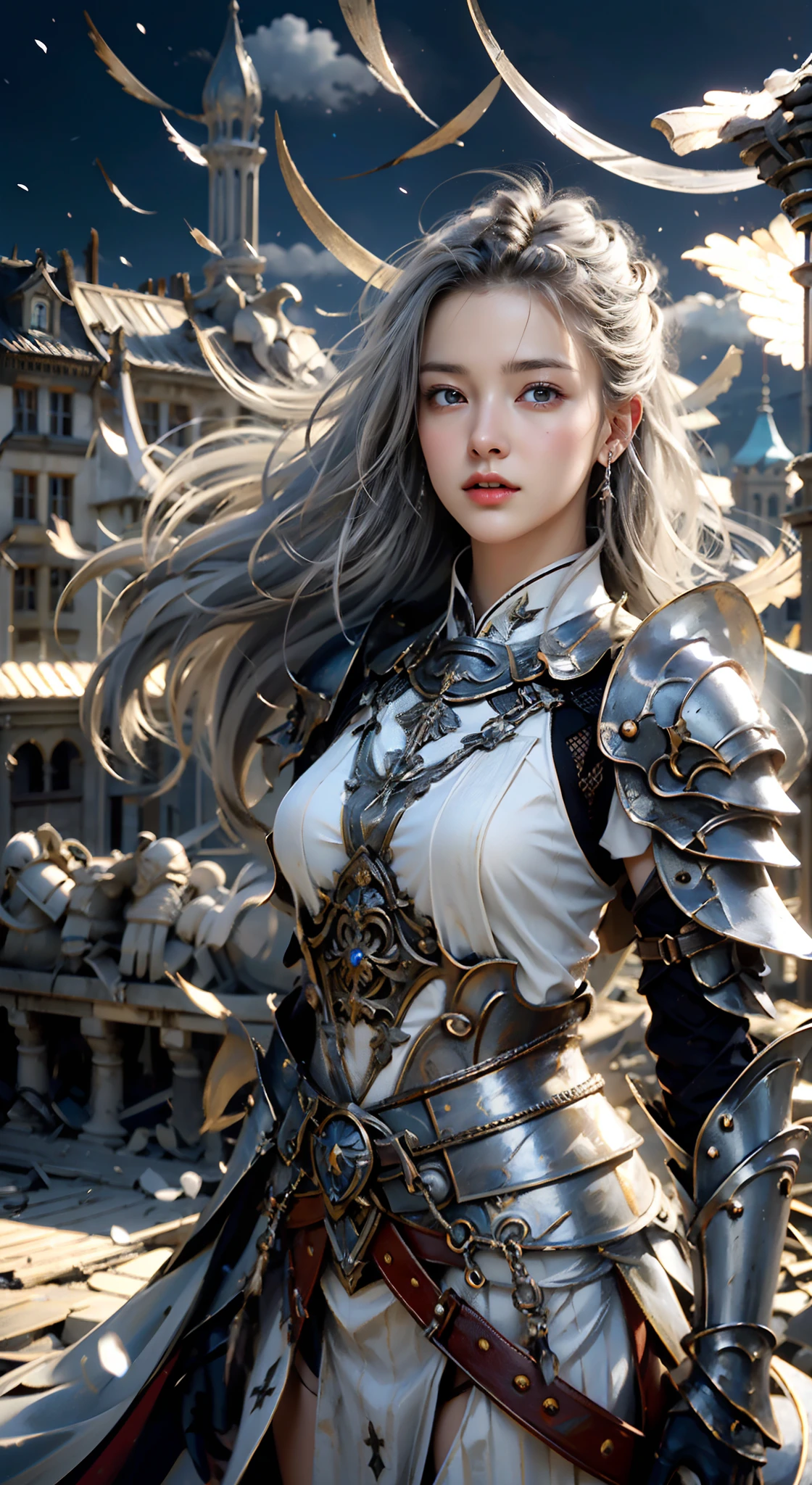 Masterpiece, ((1girl, standing on ruined buildings, close-up, realistic)), realistic visuals, artistic refinement, captivating beauty, beautiful eyes, looking at viewer, dramatic contrasts, 8k wallpapers, absurdity, incredible absurdity, silver armor, gadaxintai gaodanvshen, (holding silver sword)), hair floating in the air, ((in battle)), ((best quality: 1.5))