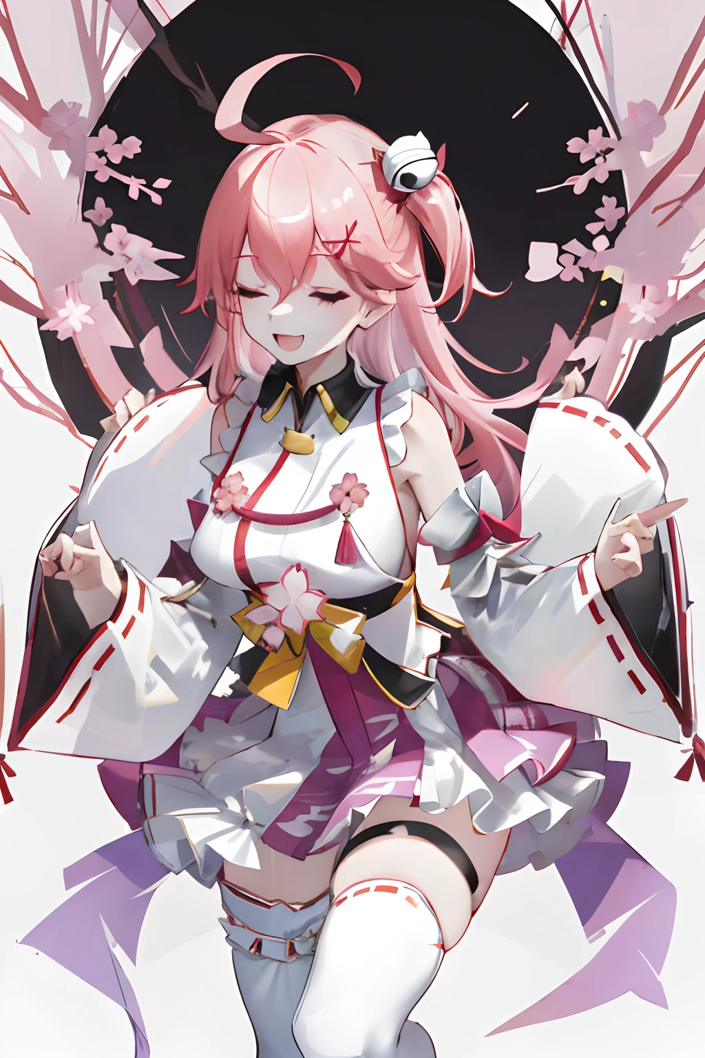 masterpiece, best quality, highres, miko1, sakura_miko, 1girl, big_boobs, solo, ahoge, x_hair_ornament, pink_hair, floral print, hairclip,(side_less_clothes:1.5), (side_boobs:1.5), hair_bell, floral print, long_hair, hair between eyes, one side up, white thighhighs, asymmetrical legwear, wide sleeves, open_mouth,(happy:1.3),close_eyes,big_smile,rising_leg,plump,apart_legs,(overly_long_sleeves:1.3),(beautiful_fingers),sleeves_past_wrists,hands_hidden_sleeves,sidelock_clothes,dynamic_posing,solo,hidden_wrists,(XD:1.4),