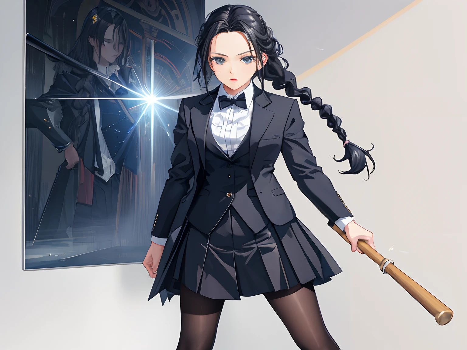 (Masterpiece: 1,2), Best quality, Masterpiece, high-class, Original, Extremely detailed wallpapers
Perfect lighting, (Extremely detailed CG: 1.2)A girl with black hair, Twisted braids, In black suit, Check blazer skirt, Baseball bat in one hand,