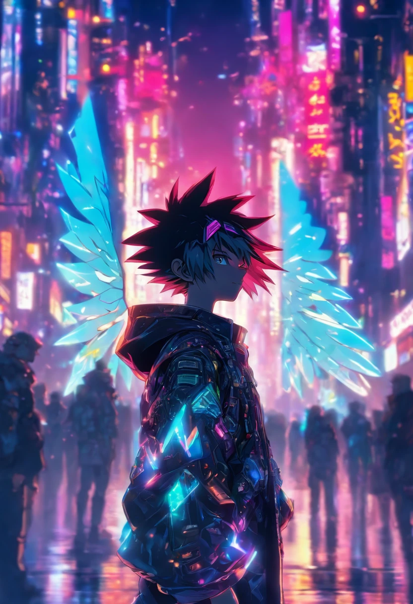 In Cyber punk city, a standing in angle appearance having angle wings and holo over his head , his dress can reflect lights around, side portrait,half body, in crowd looking straight, Cyber punk city lighting in background, 3d anime, niji anime.