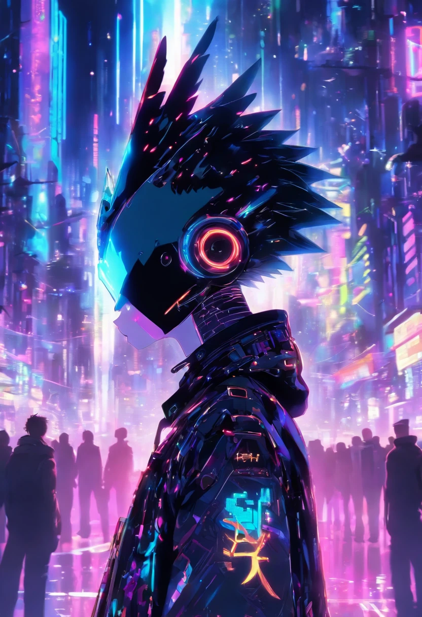In Cyber punk city, a small boy standing in angle appearance having angle wings and holo over his head , his dress can reflect lights around, side portrait,half body, in crowd looking straight, Cyber punk city lighting in background, 3d anime, niji anime.