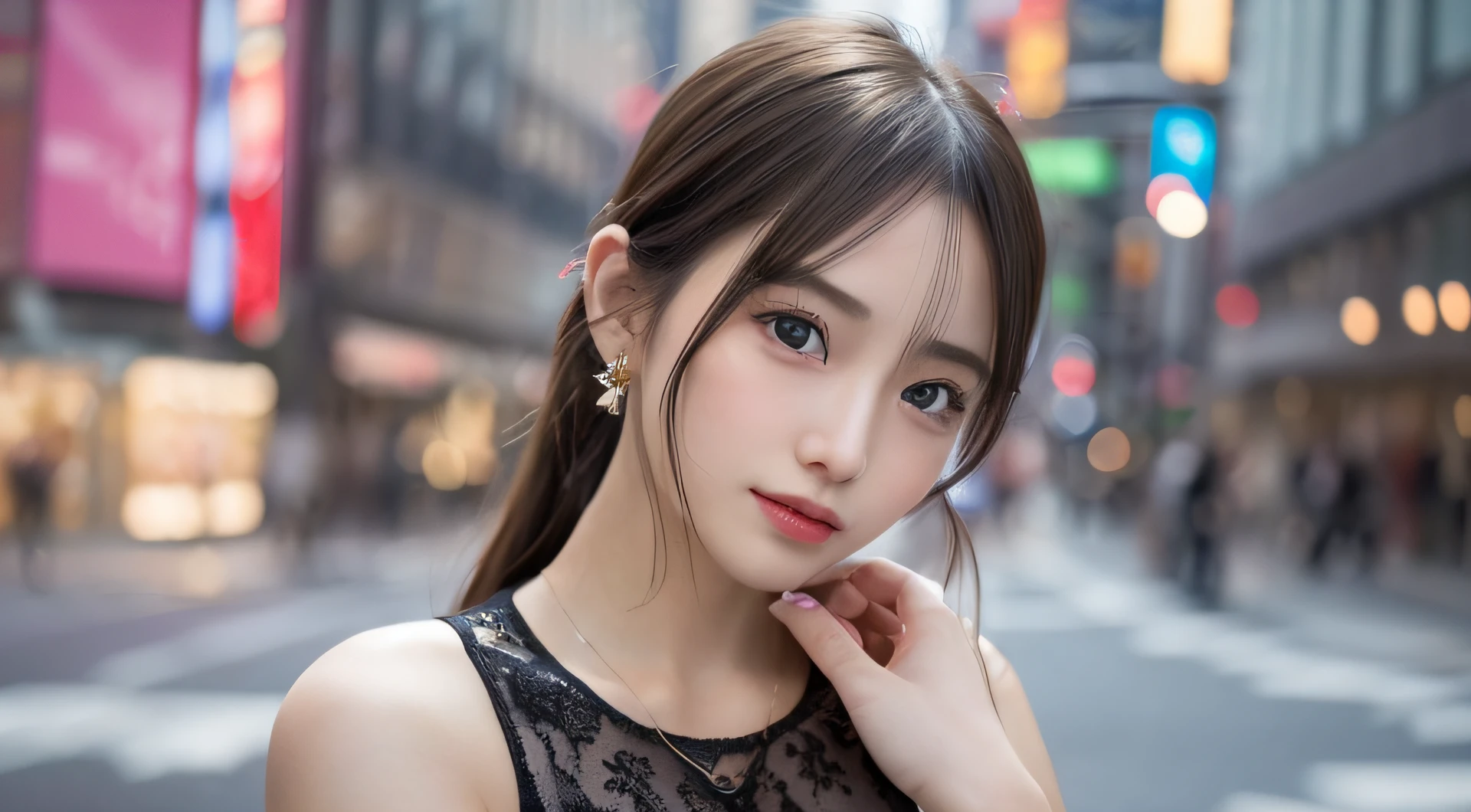 (Standing on a well-lit street),(streetlights),(low-key lighting),piece sign, (extremely delicate and beautiful work), (​masterpiece), 1girl, a girl in a black dress, highDetails, （Twin-tailed）, Charming look, Beautiful and clear eyes, Blue Pupils, delicate necklaces, Delicate earrings, Fairy ears, Simple blurred background, Super Detailed Description, Beautiful fece, Charming, Ultra-definition painting, delicated face, Delicate figures, thin clavicle, Beautiful lips, Beautiful breasts, Soft back view, mix4,(8k, RAW Photography, Top image quality, masterpiece:1.2), (realistic, realistic:1.37),女の子1人,cute little,A city scape, Professional Writing、Photon Mapping、Radio City、physically-based renderingt、