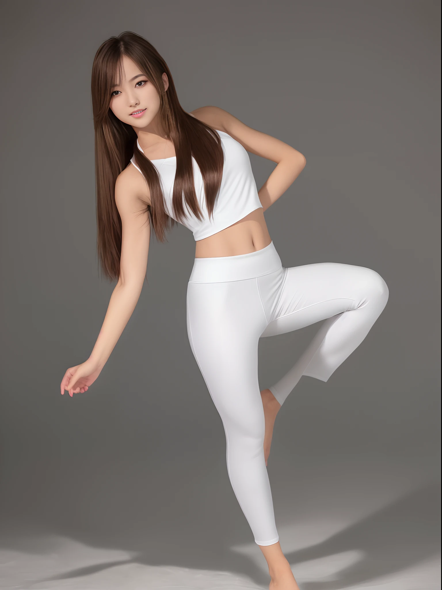 (Photorealsitic)(sixteen years old), Perfectly beautiful woman, (Full body 8K portrait), Large and dynamic hand and foot movements, White Karate Uniform, White karate pants, Large bust,Stand alone, Large and dynamic hand and foot movements, Make a high side kick, Correct skeleton, Perfect facial detail, (Smile: 1.15), attractive beautiful face, gazing at viewer, a small face, 二重まぶた, Beautiful detailed eyes, long eyeslashes, ligh brown hair, poneyTail, Toned waist, Beautiful thin legs, toned ankles, bare-legged ,TOKYOcty
