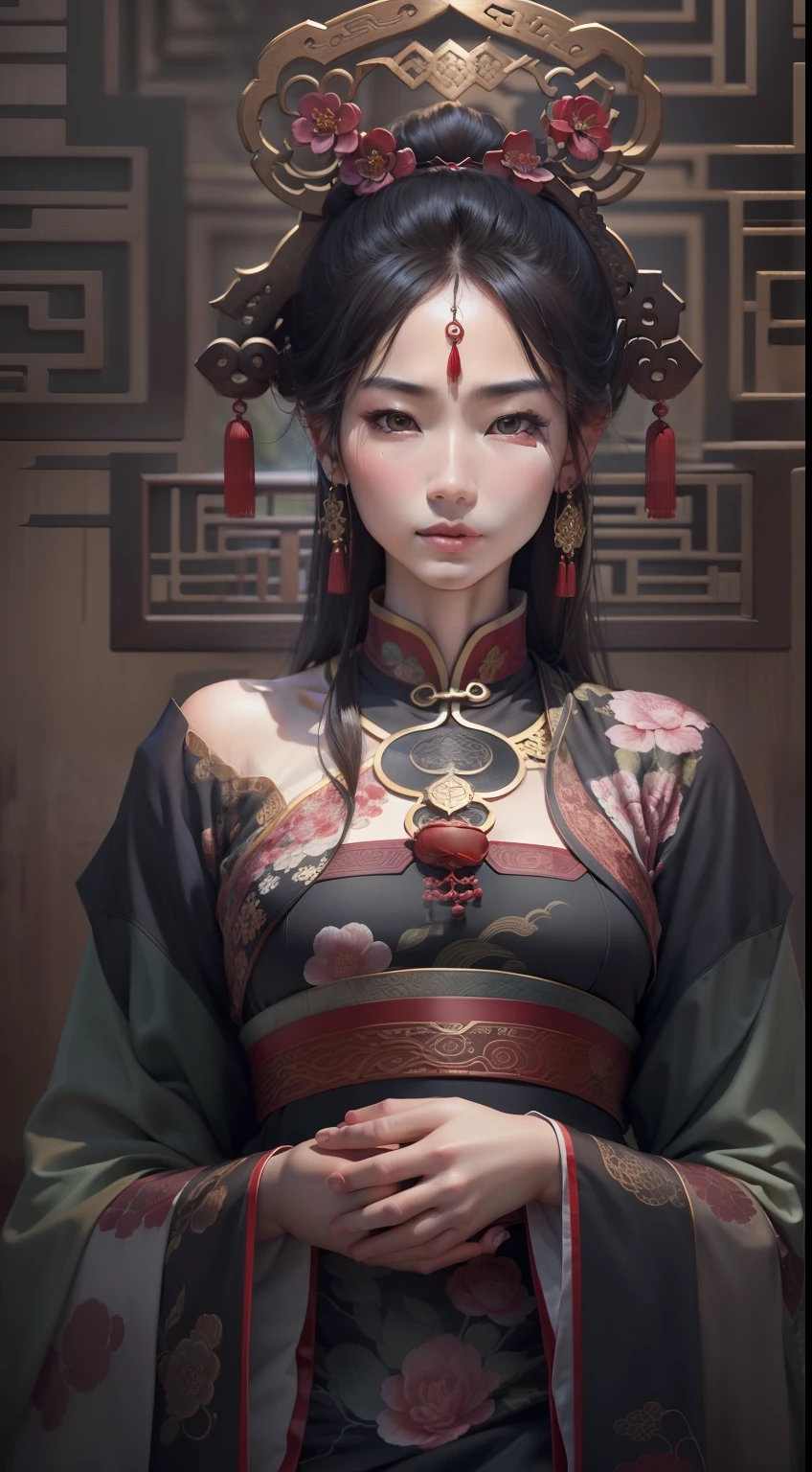 (best quality,highres:1.2),ultra-detailed,(realistic:1.37),(dark,deep) gaze,lovely body,traditional Chinese style,ancient China,wisdom and mystery expressed,serene,sitting,mysterious.