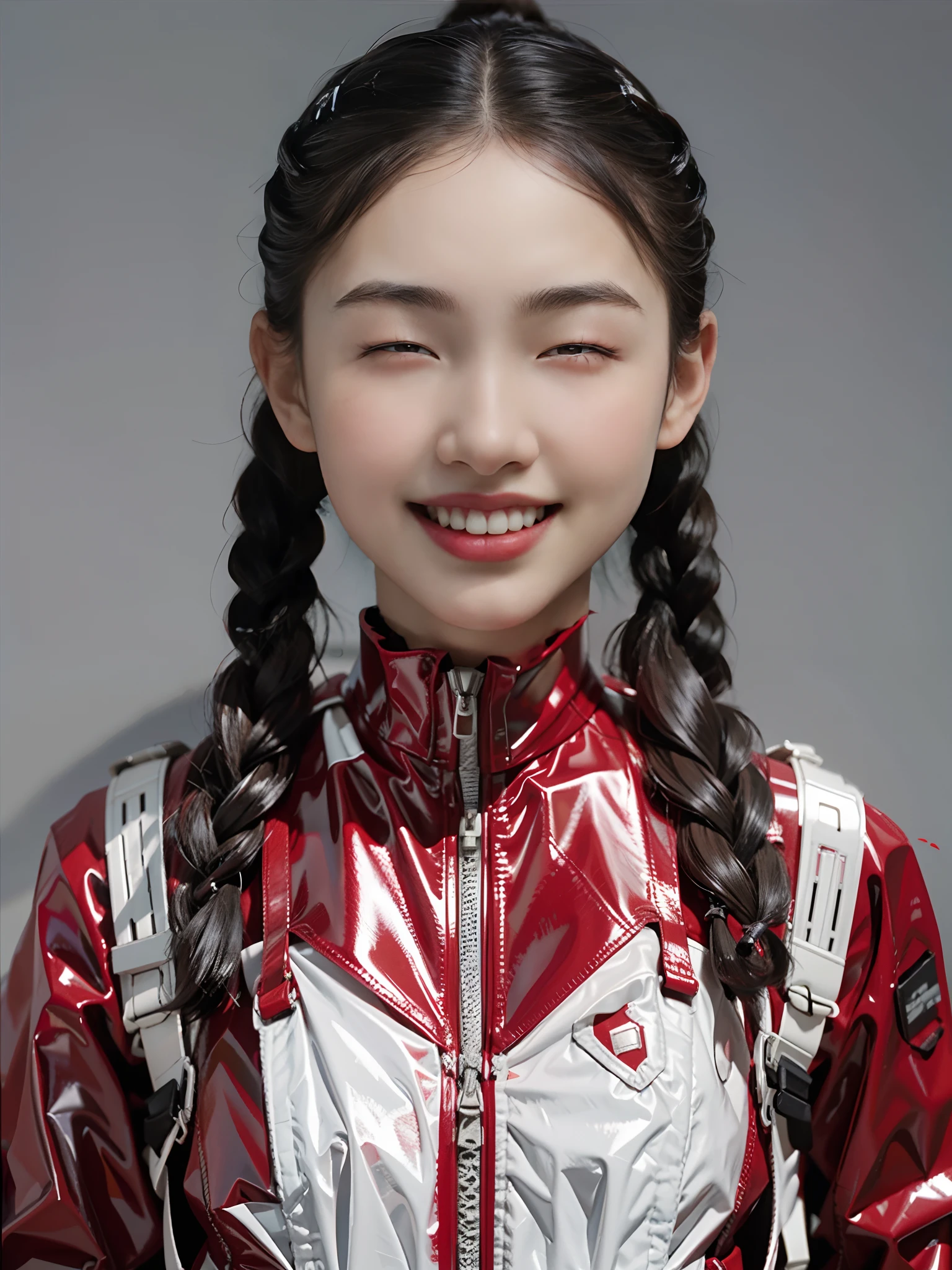 1 beautiful woman，Wearing a red PVC mech，bulletproof vest，Plump breasts，Twist braids，cyber punk perssonage，greybackground