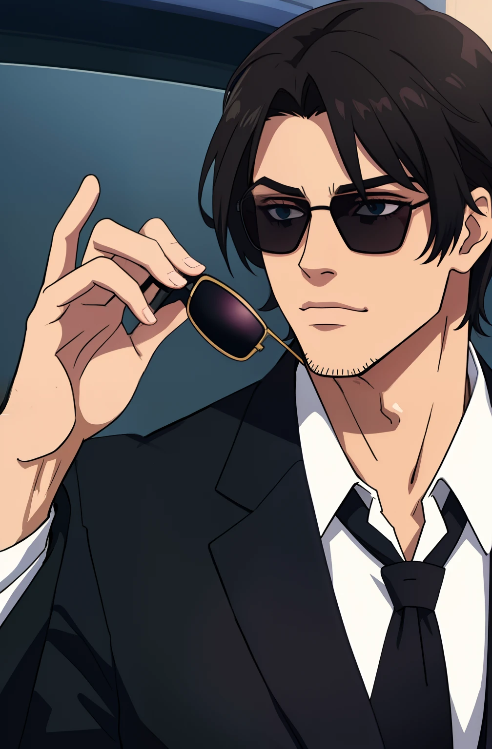 Man in black suit and black sunglasses, cabelo curto