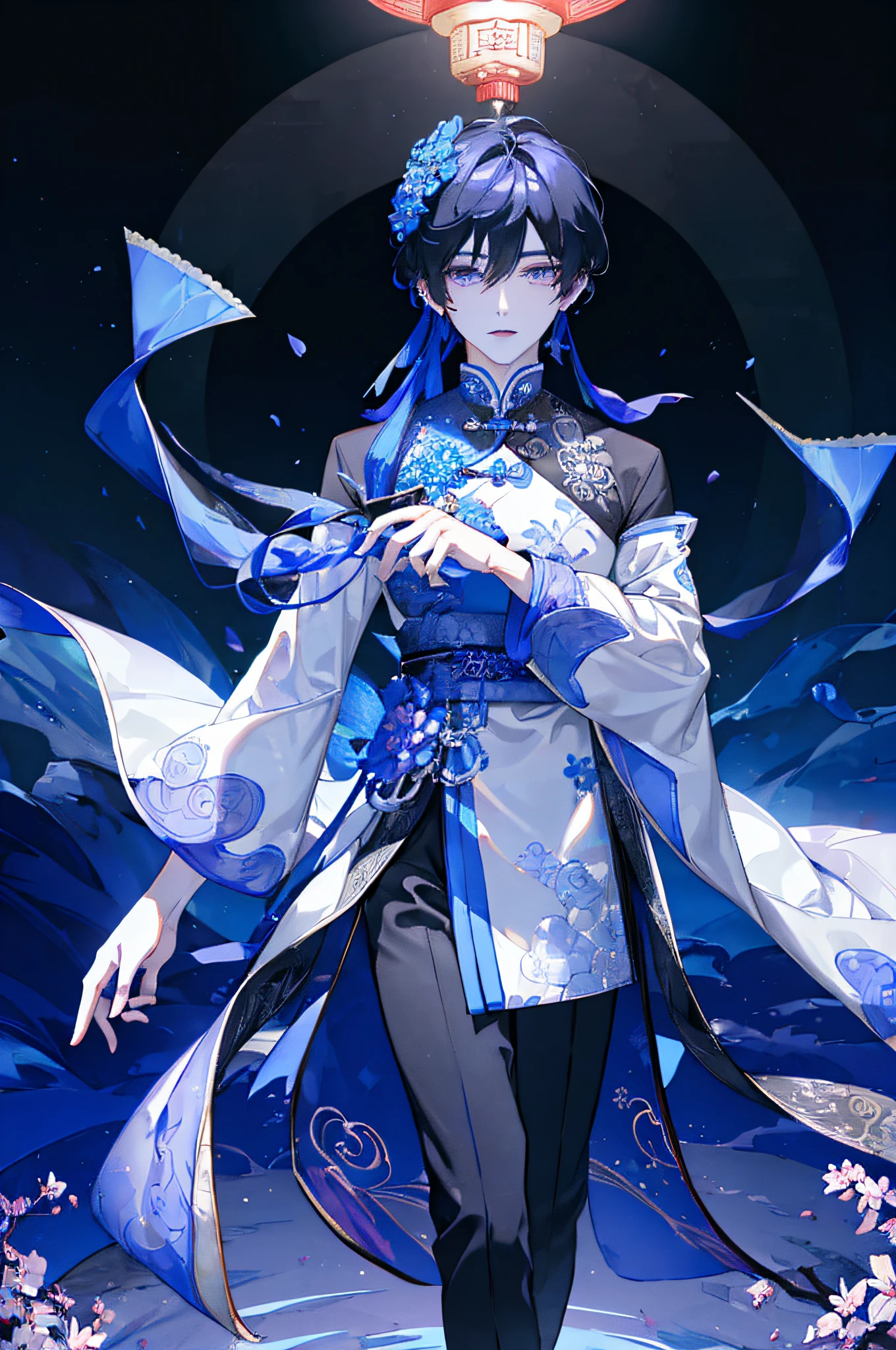Dragon horn、man、masterpiece、(Photorealsitic:1.5)、top-quality、beautiful lighting、Real life、ganyu \(the original god\)、1 baby boy、Ahoge、architectural、bangss、bare shoulders、Black Gloves、Black pantyhose、(blue hairs)、red blush, breastsout, Chinese knots, Removed sleeves, east asian east asian architecture, flower knots, gloves, banya, looking at viewert, natta, outside of house, Purple eyes, side locks, 独奏, tassels, White sleeves、(ulzzang-6500:0.5) 、Convoluted、high details、foco nítido、Dramatic、Beautiful Boys、(RAW Photos、8K UHD、Film grain)、Caustics、Subsurface scattering、Reflectors