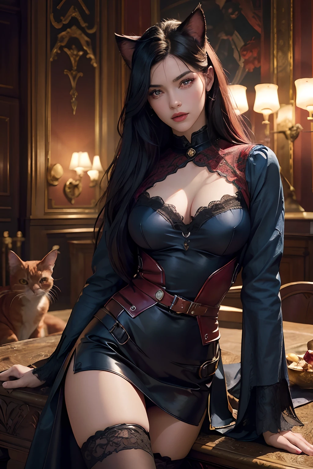 Best Quality, 超High Resolution, (Photorealistic:1.3), RAW photo, 1 European woman, 30 years, fine details, ((Bright red cat eyes)), ((burgundy eye shadow)), (((Blue-black hair))), ((Hair is like darkness)), cat ears, cat tail, Masterpiece, Resolute posture, Resolute posture, Posing, It's worth the growth, Adventurer's Costume, Adventurer's clothes, Long manicure, Fabric exposure, beautiful detail eyes, beautiful detailed lips, long eyelashes, Noble atmosphere, Royal Charisma, European face, Aryan face. wide eyes, As a European, desert.