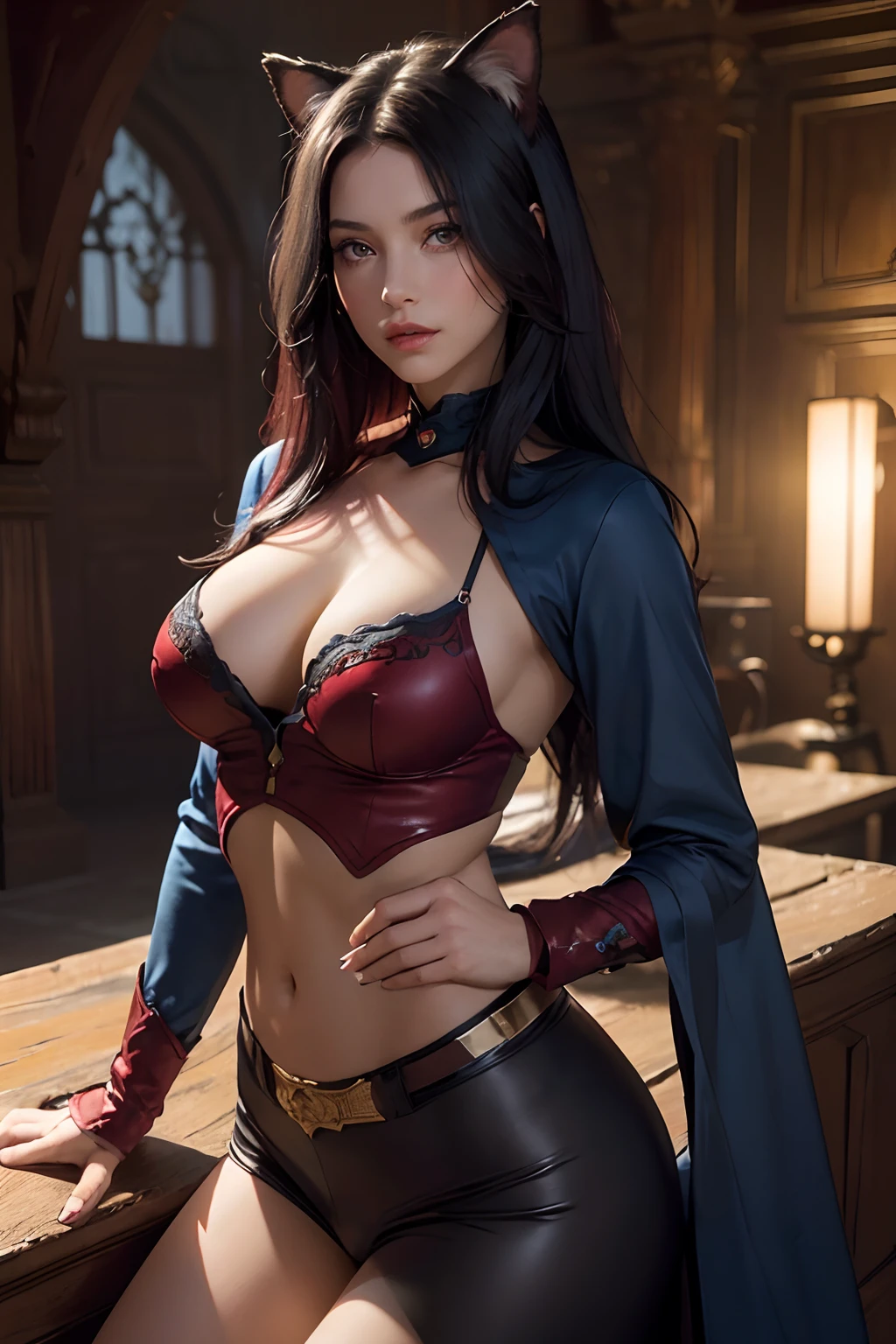 Best Quality, 超High Resolution, (Photorealistic:1.3), RAW photo, 1 European woman, 30 years, fine details, ((Bright red cat eyes)), ((burgundy eye shadow)), (((Blue-black hair))), ((Hair is like darkness)), cat ears, cat tail, Masterpiece, Resolute posture, Resolute posture, Posing, It's worth the growth, Adventurer's Costume, Adventurer's clothes, Long manicure, Fabric exposure, beautiful detail eyes, beautiful detailed lips, long eyelashes, Noble atmosphere, Royal Charisma, European face, Aryan face. wide eyes, As a European, desert, Mild abdominal abs,