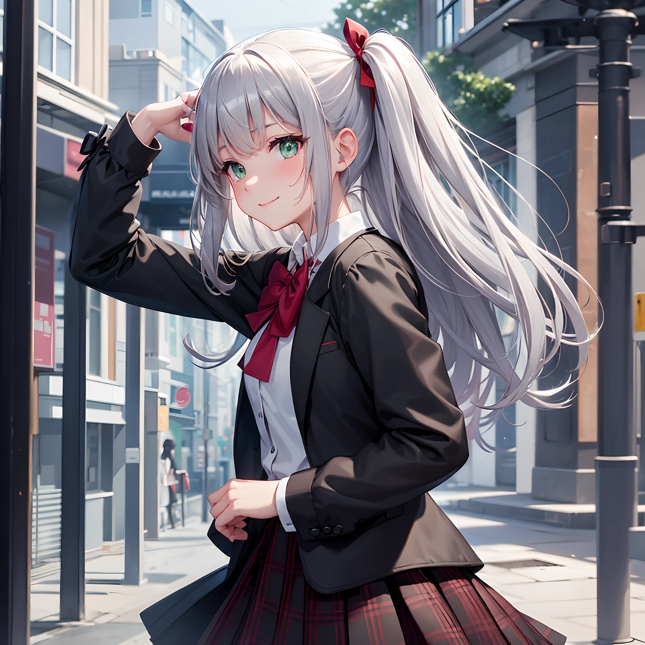 1girl, bangs, black jacket, blush, bow, bowtie, closed mouth, collared shirt, dress, from side, green eyes, grey hair, hair ribbon, hand in pocket, hand up, jacket, lamppost, long hair, long sleeves, night, nyarlathotep,open clothes, open jacket, outdoors, plaid, profile, rain, red bow, red bowtie, ribbon, school uniform, shirt, sidelocks, sky, smile, solo, upper body, wet, white shirt