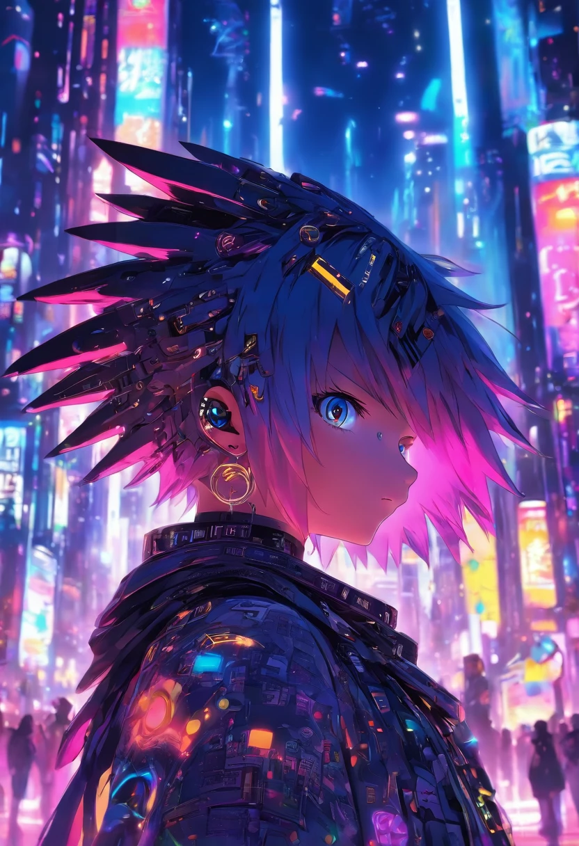 In Cyber punk city, a small boy standing in angle appearance having angle wings on his back and glowing ring over his head , his dress can reflect lights around, side portrait,half body, in crowd looking straight, Cyber punk city lighting in background, 3d anime, niji anime, detailed face, cute.