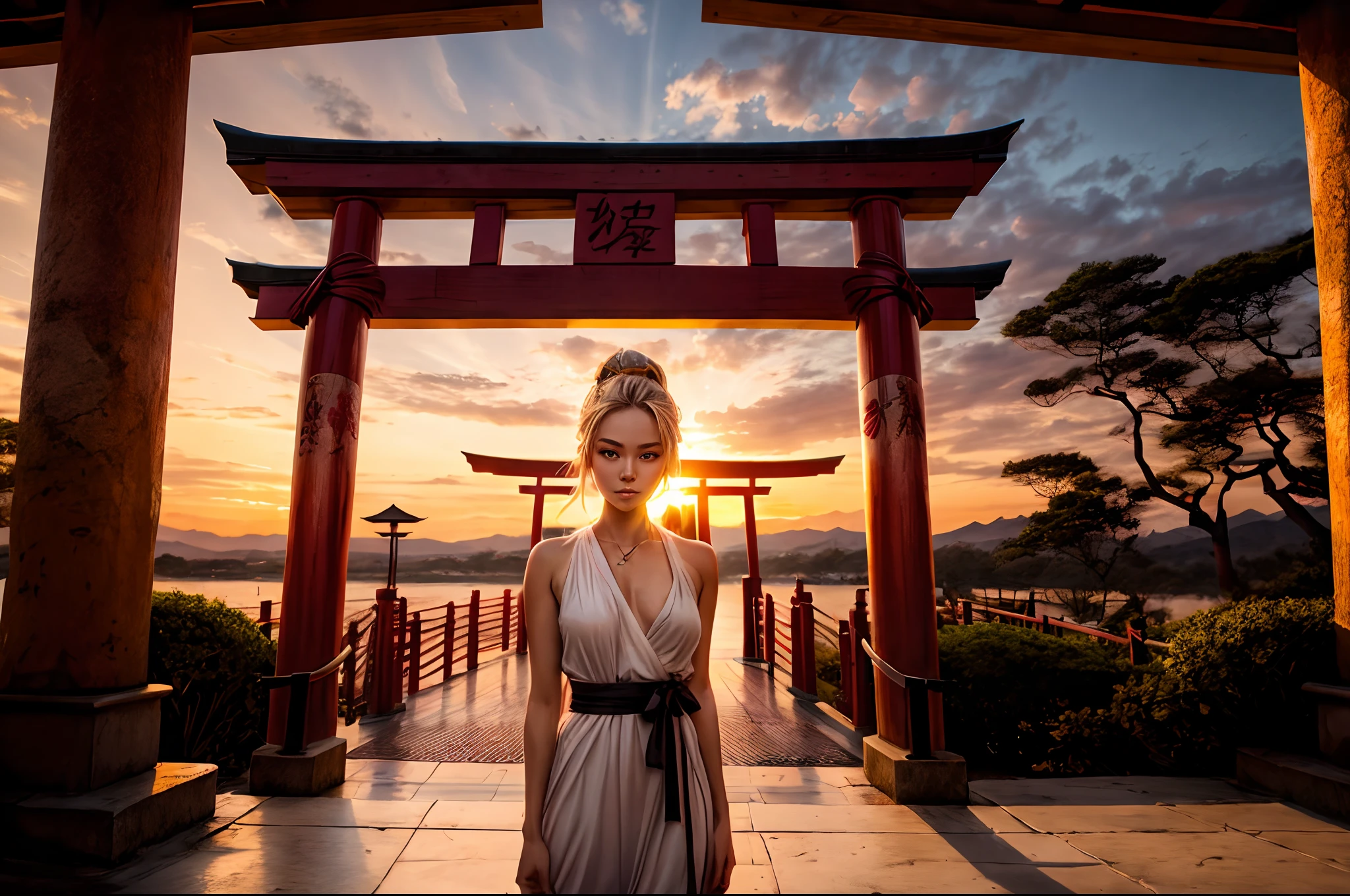 "Photorealistic Capture of a mesmerizing beauty of a Torii gate at sunset, with a Mikko girl in front. Golden hour perfection, captivating sunbeams, enchanting.",miko dressing