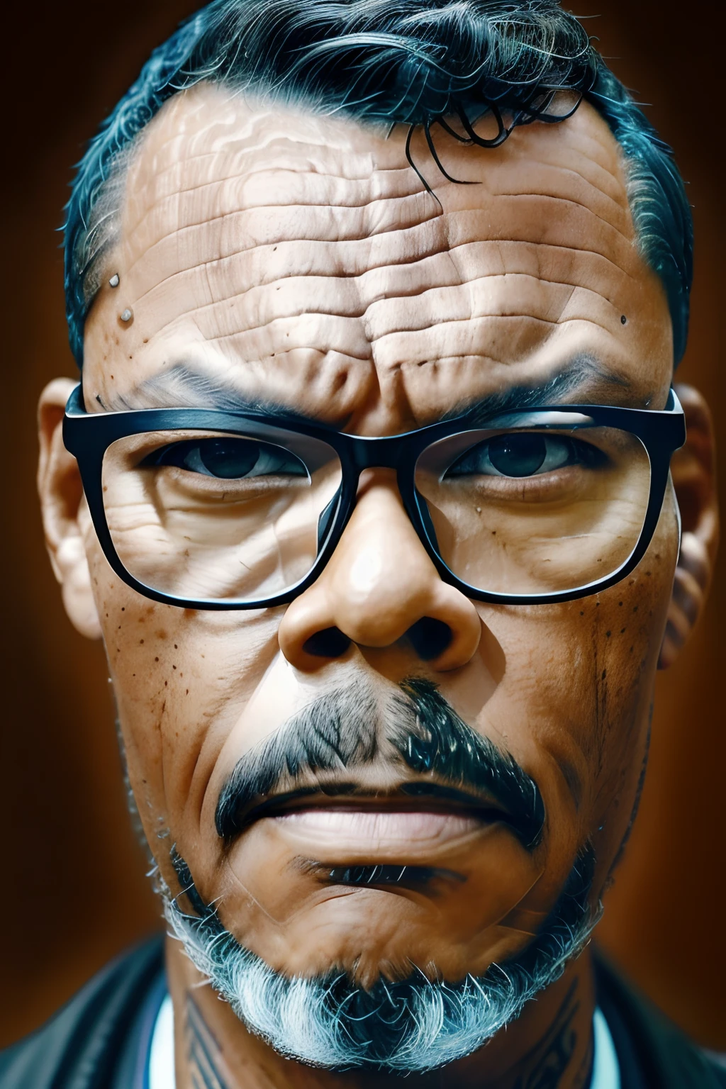 guttojugg1, Create a hyper-realistic and highly detailed close-up of a man's upper body, wearing glasses, facing forward, and looking directly at you. He should have a serious expression with deep brown eyes. There should be no background in the image, and the lighting should resemble studio lighting for (((intricate and hyper-realistic details))).