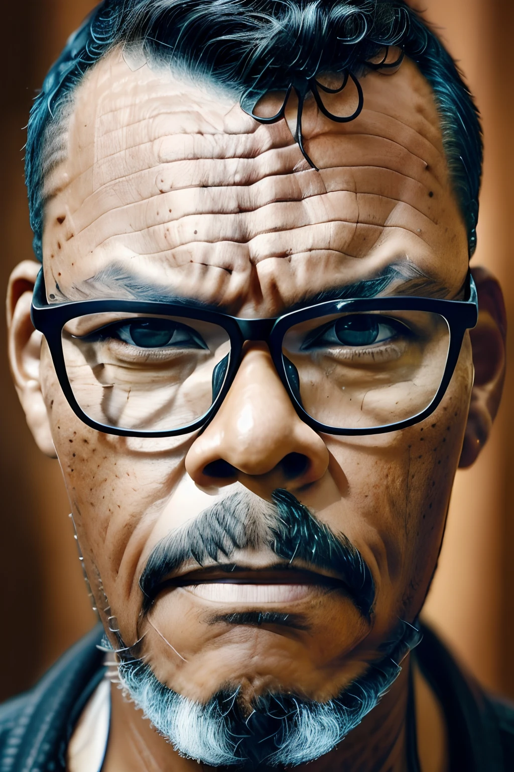 guttojugg1, Create a hyper-realistic and highly detailed close-up of a man's upper body, wearing glasses, facing forward, and looking directly at you. He should have a serious expression with deep brown eyes. There should be no background in the image, and the lighting should resemble studio lighting for (((intricate and hyper-realistic details))).