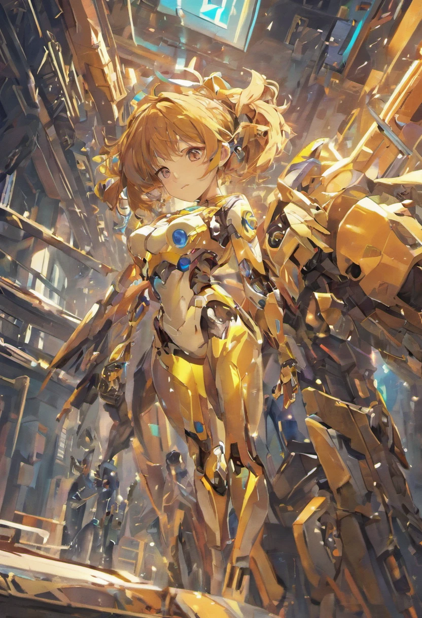 ((masterpiece, better quality)),illustration,ultra detailed 8k,photorealistic,sharp focus,very detailed,professional lighting,colorful details,iridescent colors BREAK extremely long plan of a factory,large mechanical robot construction,microchip,computer,glossy, intricate details,shitu-mecha,1girl stands next to Mecha, Gundam, navel, cute, sexy, eyes ultra detailed,