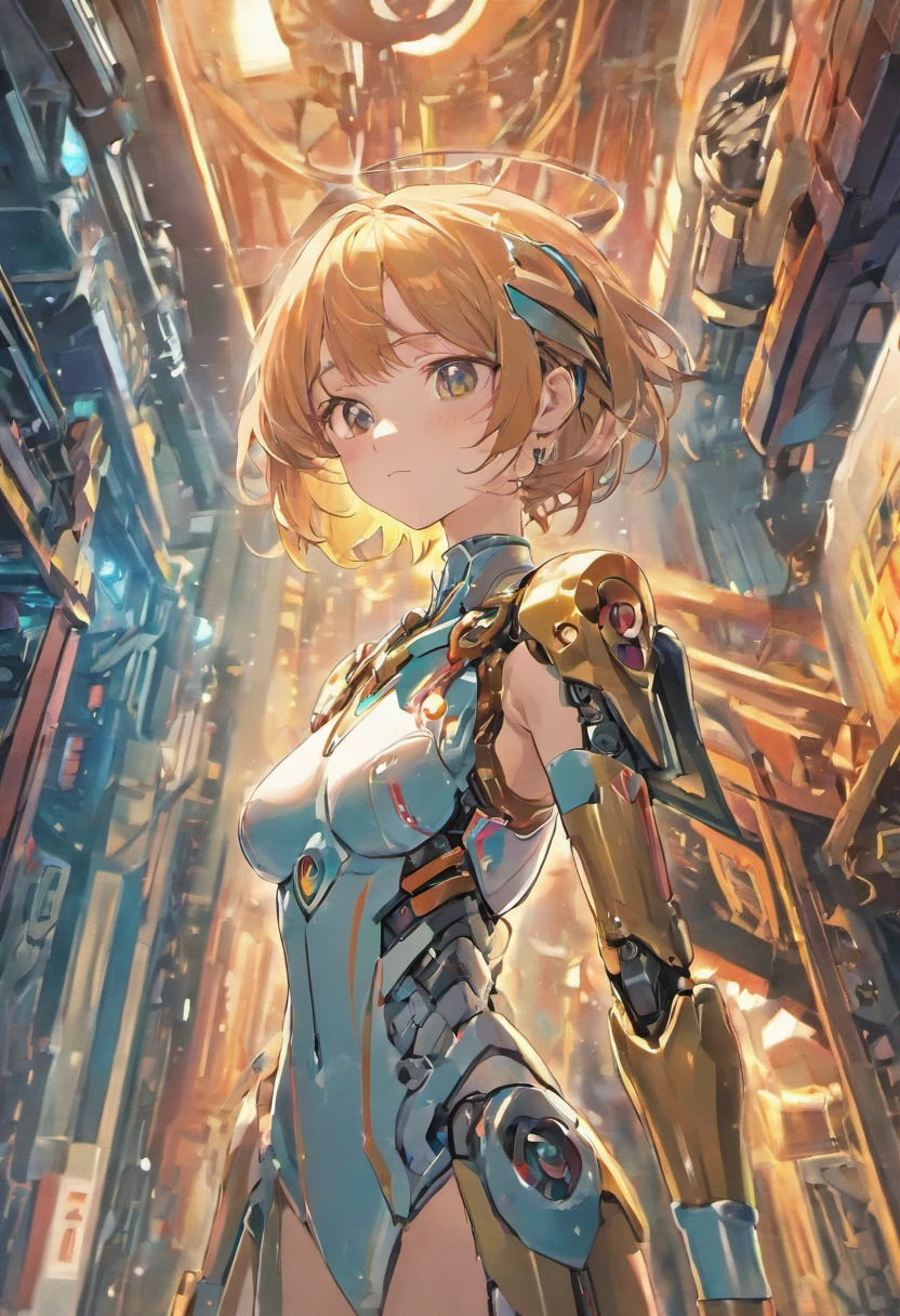 ((masterpiece, better quality)),illustration,ultra detailed 8k,photorealistic,sharp focus,very detailed,professional lighting,colorful details,iridescent colors BREAK extremely long plan of a factory,large mechanical robot construction,microchip,computer,glossy, intricate details,shitu-mecha,1girl stands next to Mecha, Gundam, navel, cute, sexy, eyes ultra detailed,