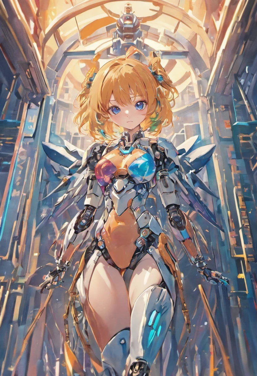 ((masterpiece, better quality)),illustration,ultra detailed 8k,photorealistic,sharp focus,very detailed,professional lighting,colorful details,iridescent colors BREAK extremely long plan of a factory,large mechanical robot construction,microchip,computer,glossy, intricate details,shitu-mecha,1girl stands next to Mecha, Gundam, navel, cute, sexy, eyes ultra detailed,